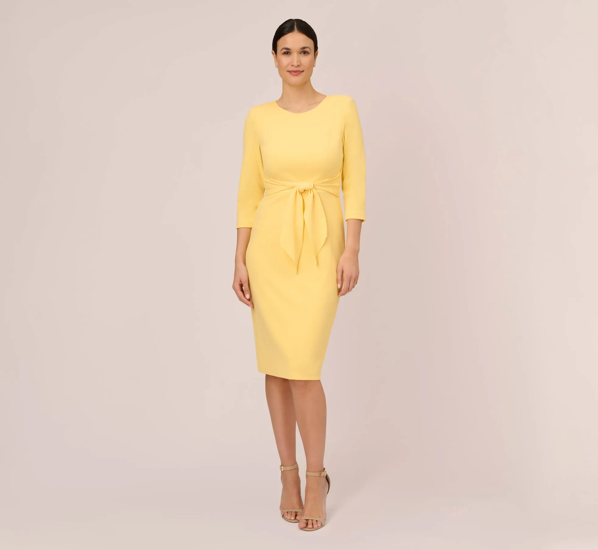 Knit Crepe Bow Sheath Dress With Three Quarter Sleeves In Warm Sun sold by Adrianna Papell product image thumbnail 2
