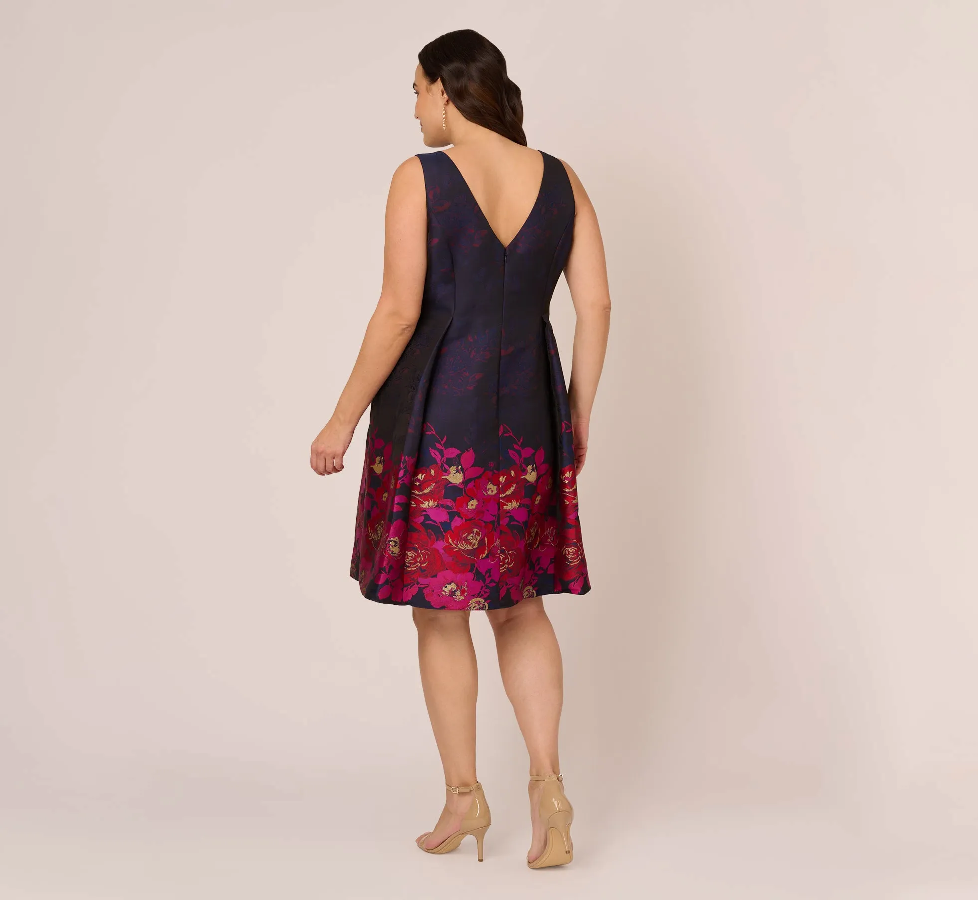 Plus Size Jacquard Midi Dress With Metallic Floral Trim In Navy Pink Multi sold by Adrianna Papell product image thumbnail 4