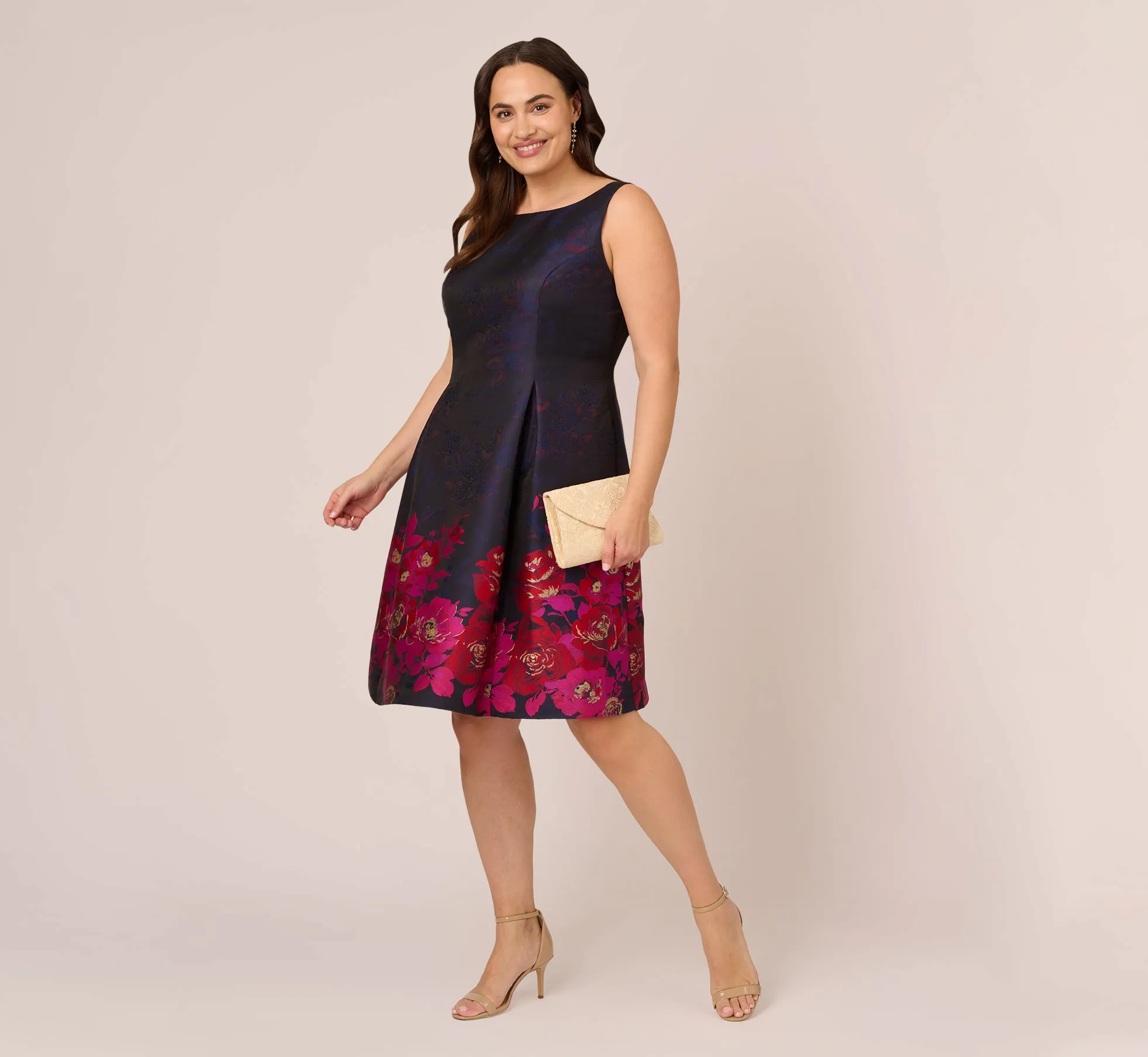 Plus Size Jacquard Midi Dress With Metallic Floral Trim In Navy Pink Multi sold by Adrianna Papell product image thumbnail 2