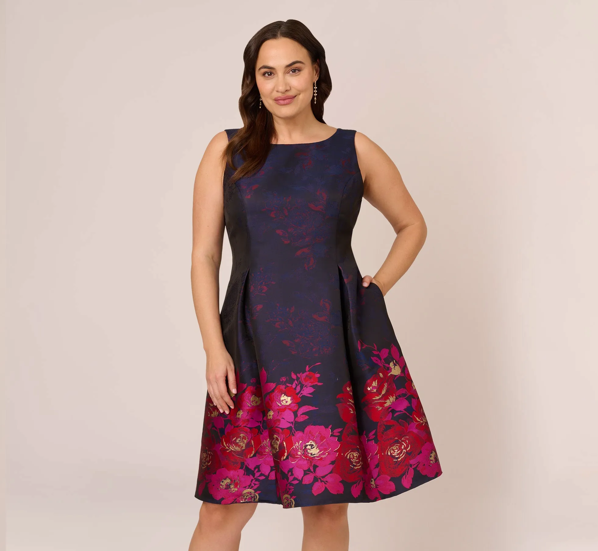 Plus Size Jacquard Midi Dress With Metallic Floral Trim In Navy Pink Multi sold by Adrianna Papell