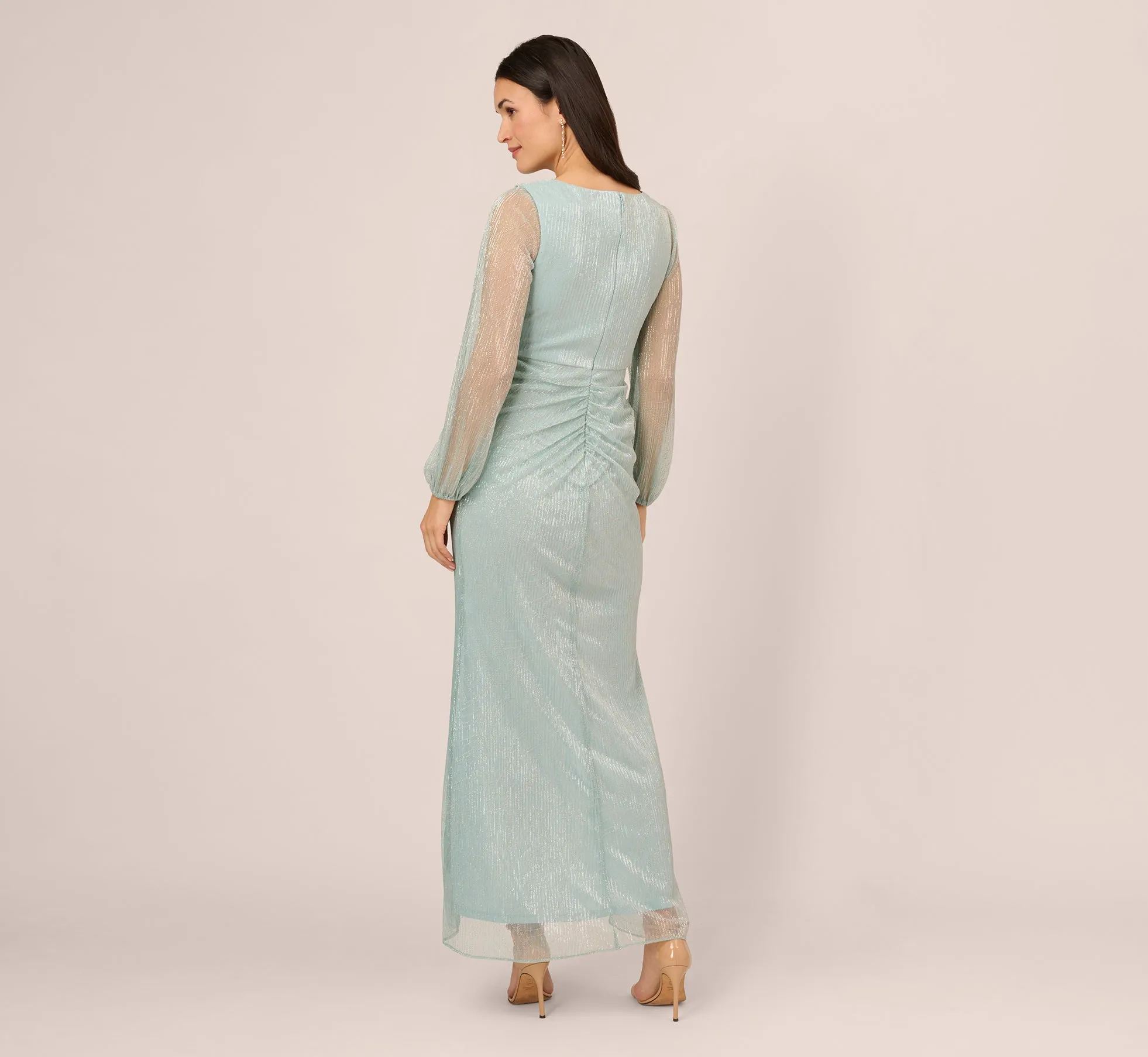 Crinkle Metallic Gown With Sheer Bishop Sleeves And Draped Details In Mint Smoke sold by Adrianna Papell product image thumbnail 4