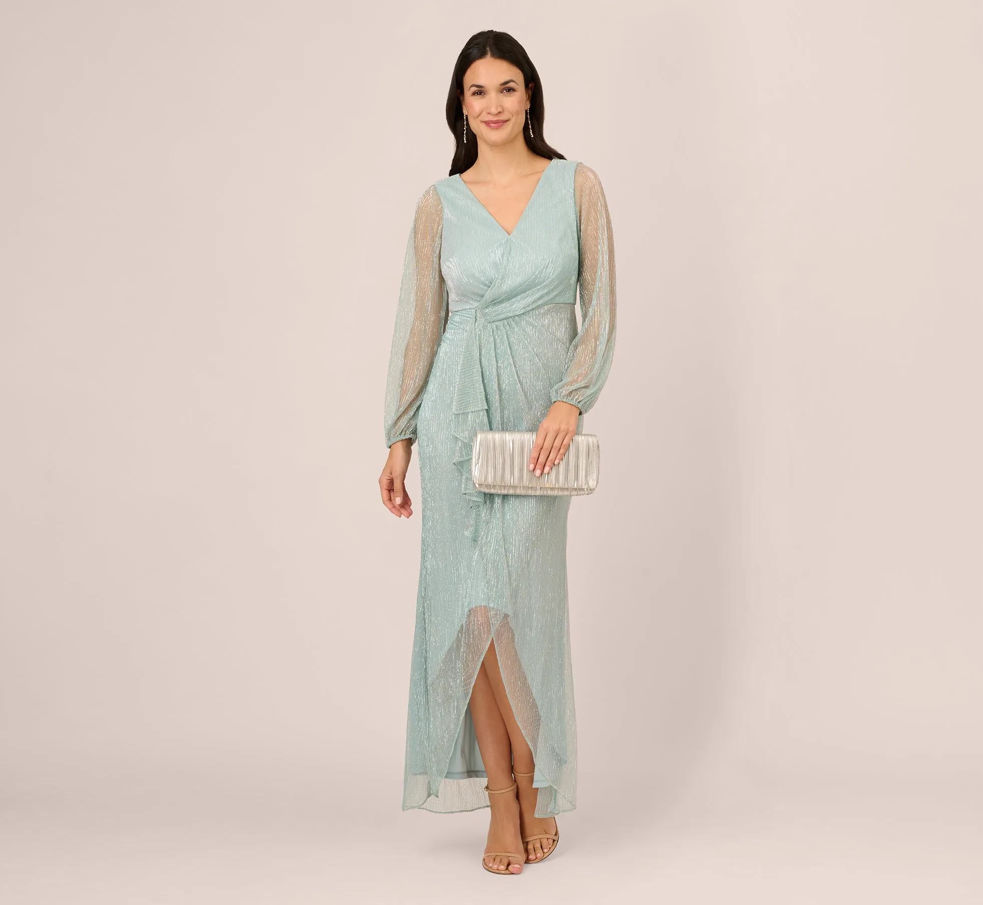 Crinkle Metallic Gown With Sheer Bishop Sleeves And Draped Details In Mint Smoke sold by Adrianna Papell product image thumbnail 2