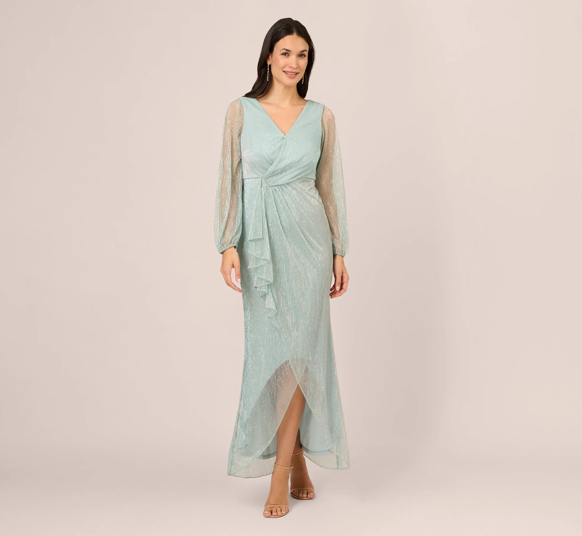 Crinkle Metallic Gown With Sheer Bishop Sleeves And Draped Details In Mint Smoke sold by Adrianna Papell