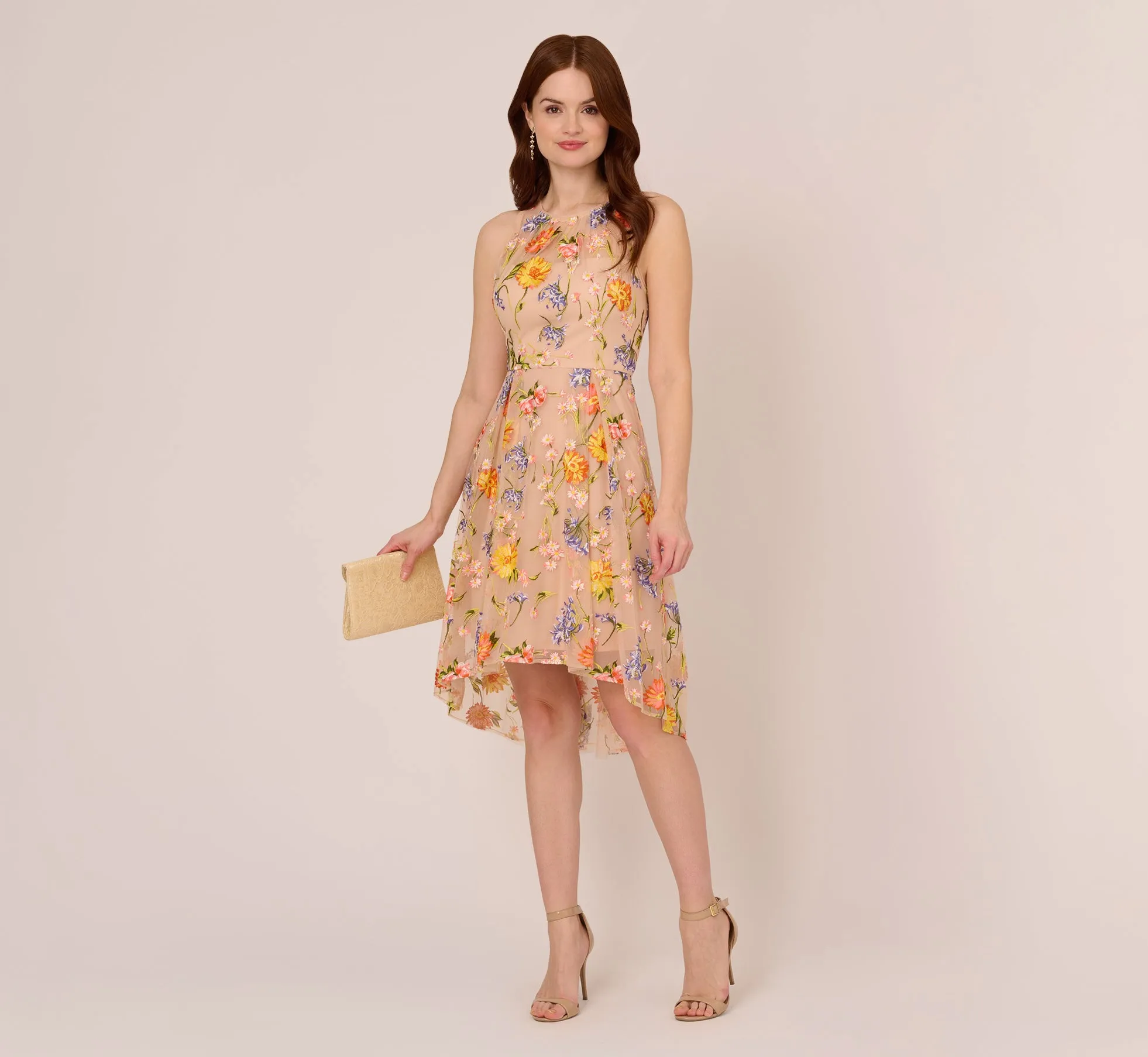 Floral Embroidered Sleeveless Midi Dress With High Low Skirt In Yellow Orange Multi sold by Adrianna Papell product image thumbnail 2