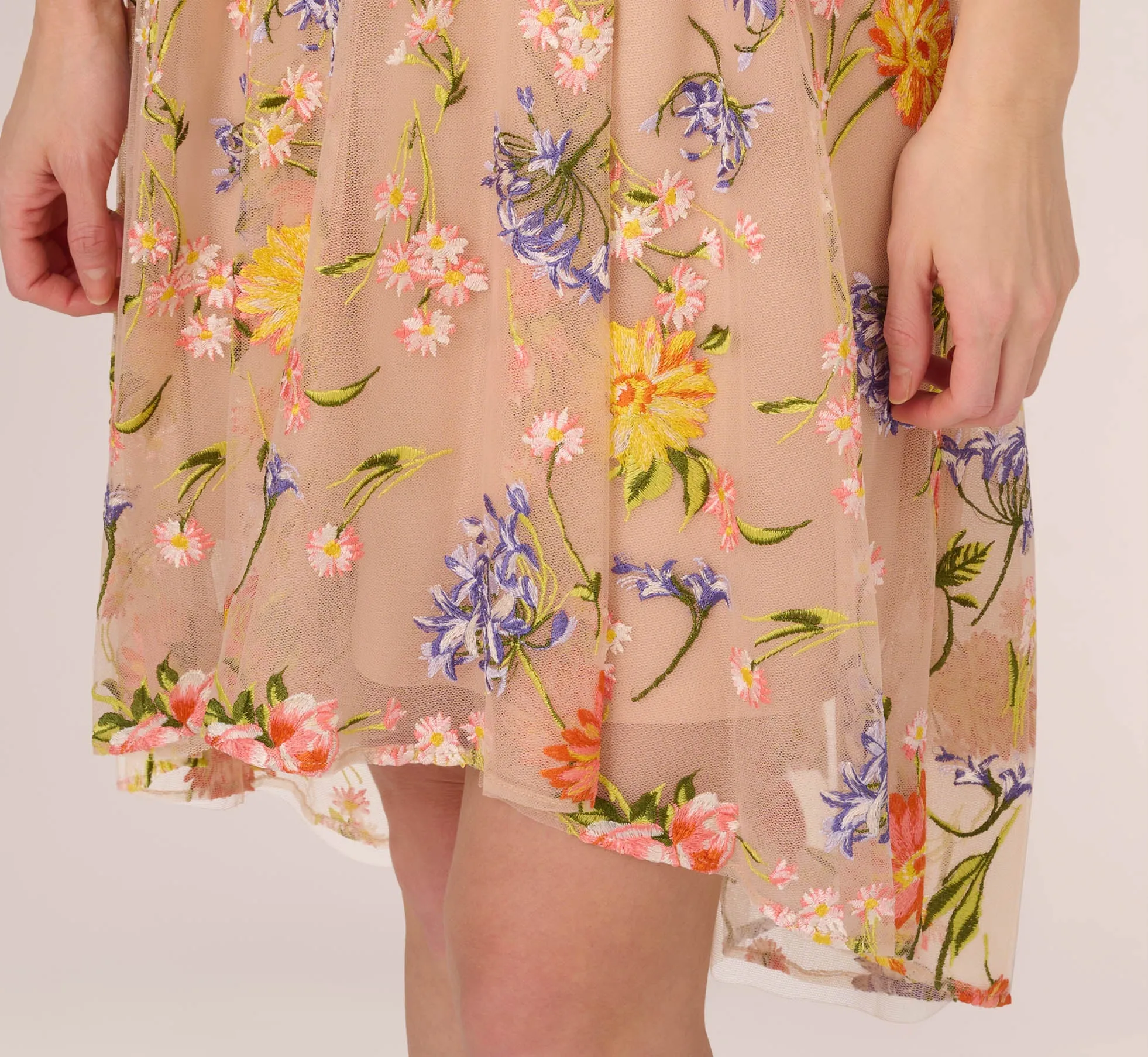 Floral Embroidered Sleeveless Midi Dress With High Low Skirt In Yellow Orange Multi sold by Adrianna Papell product image thumbnail 5