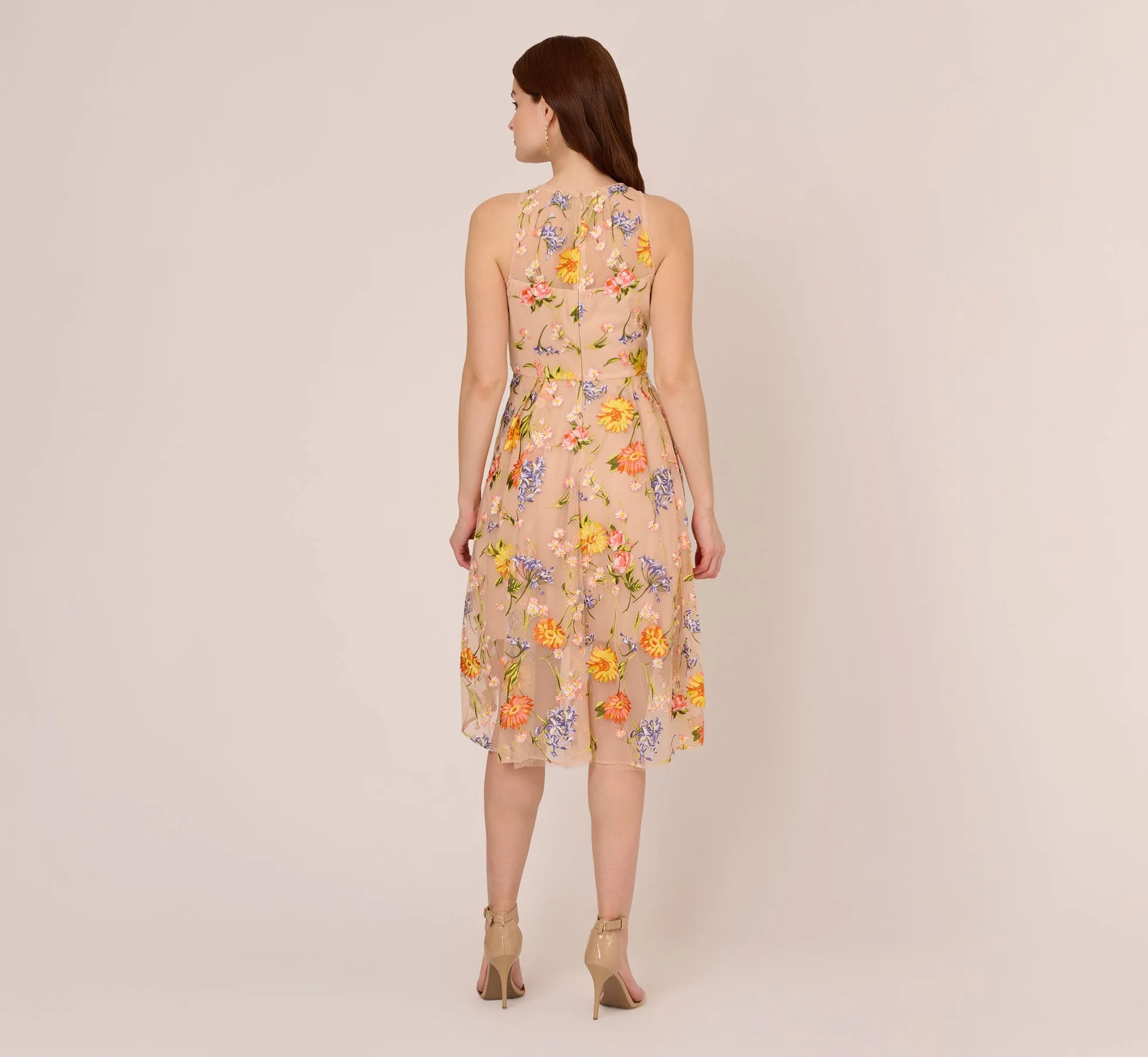 Floral Embroidered Sleeveless Midi Dress With High Low Skirt In Yellow Orange Multi sold by Adrianna Papell product image thumbnail 4
