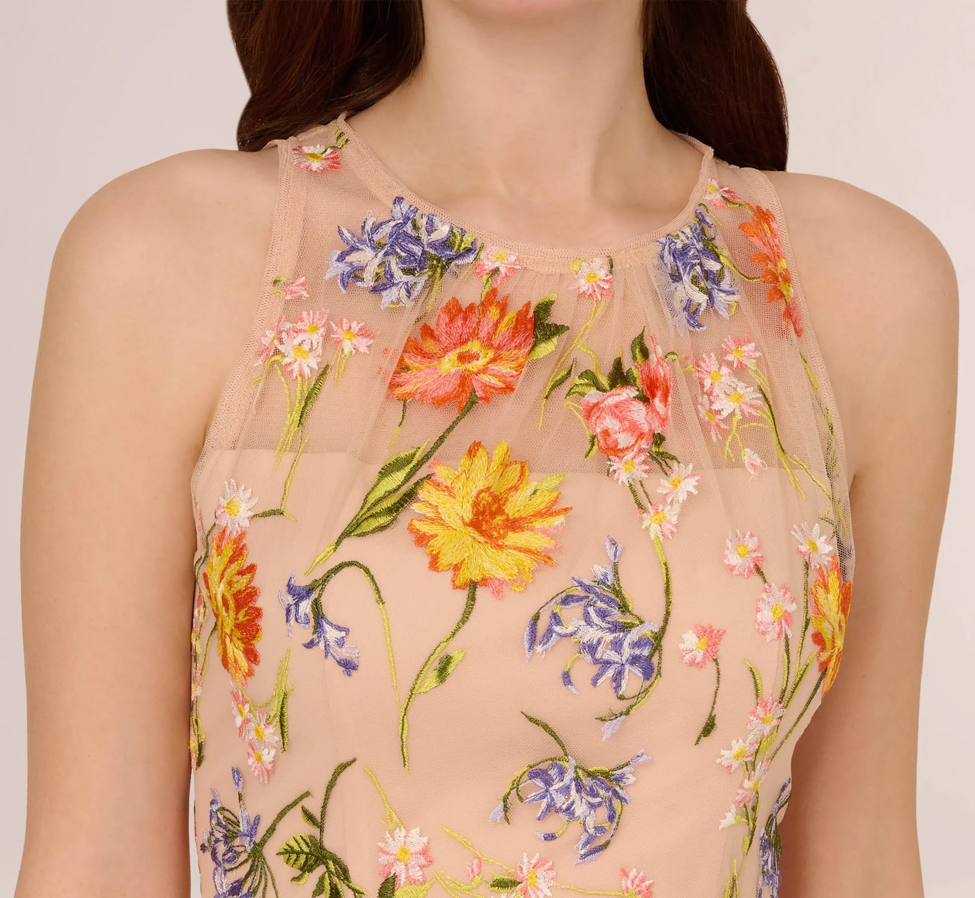 Floral Embroidered Sleeveless Midi Dress With High Low Skirt In Yellow Orange Multi sold by Adrianna Papell product image thumbnail 3