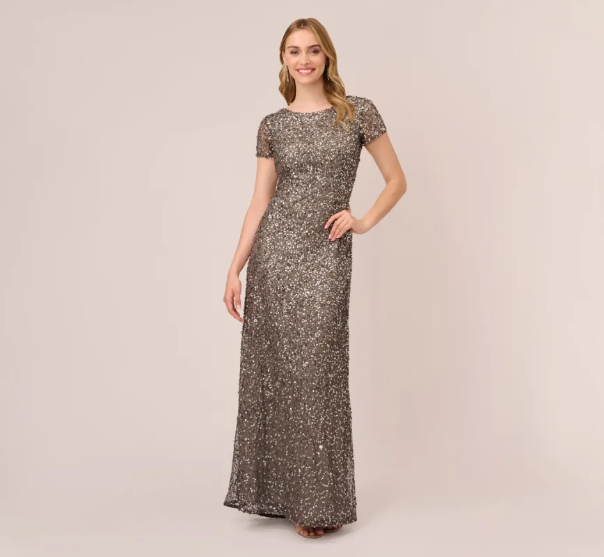 Scoop Back Sequin Gown In Lead sold by Adrianna Papell