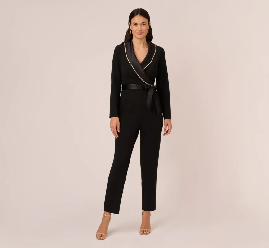 Long Sleeve Tuxedo Jumpsuit With Crystal Trim In Black sold by Adrianna Papell
