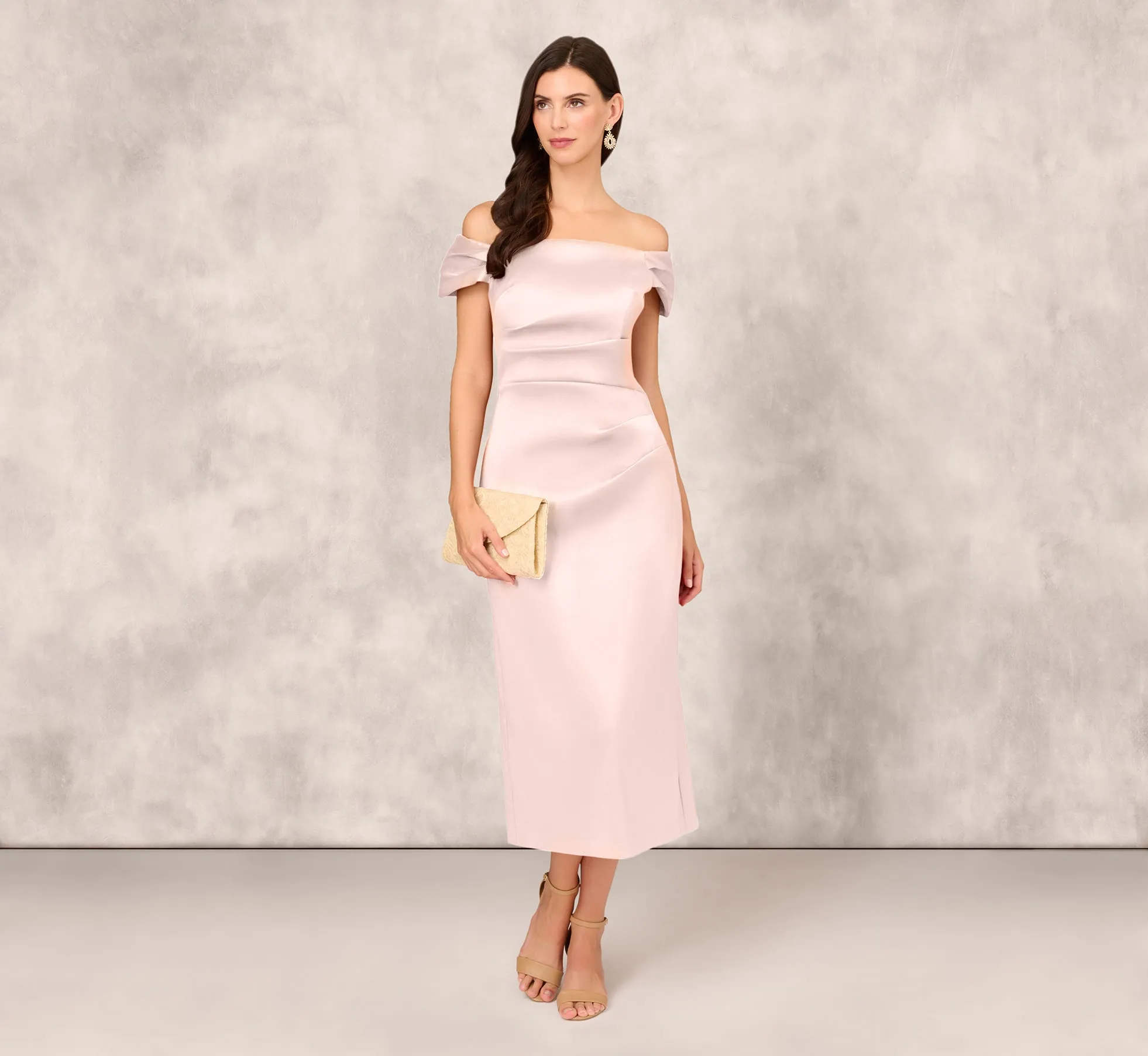 Off The Shoulder Mikado Midi Dress With Pleat Details In Pale Blush sold by Adrianna Papell product image thumbnail 2