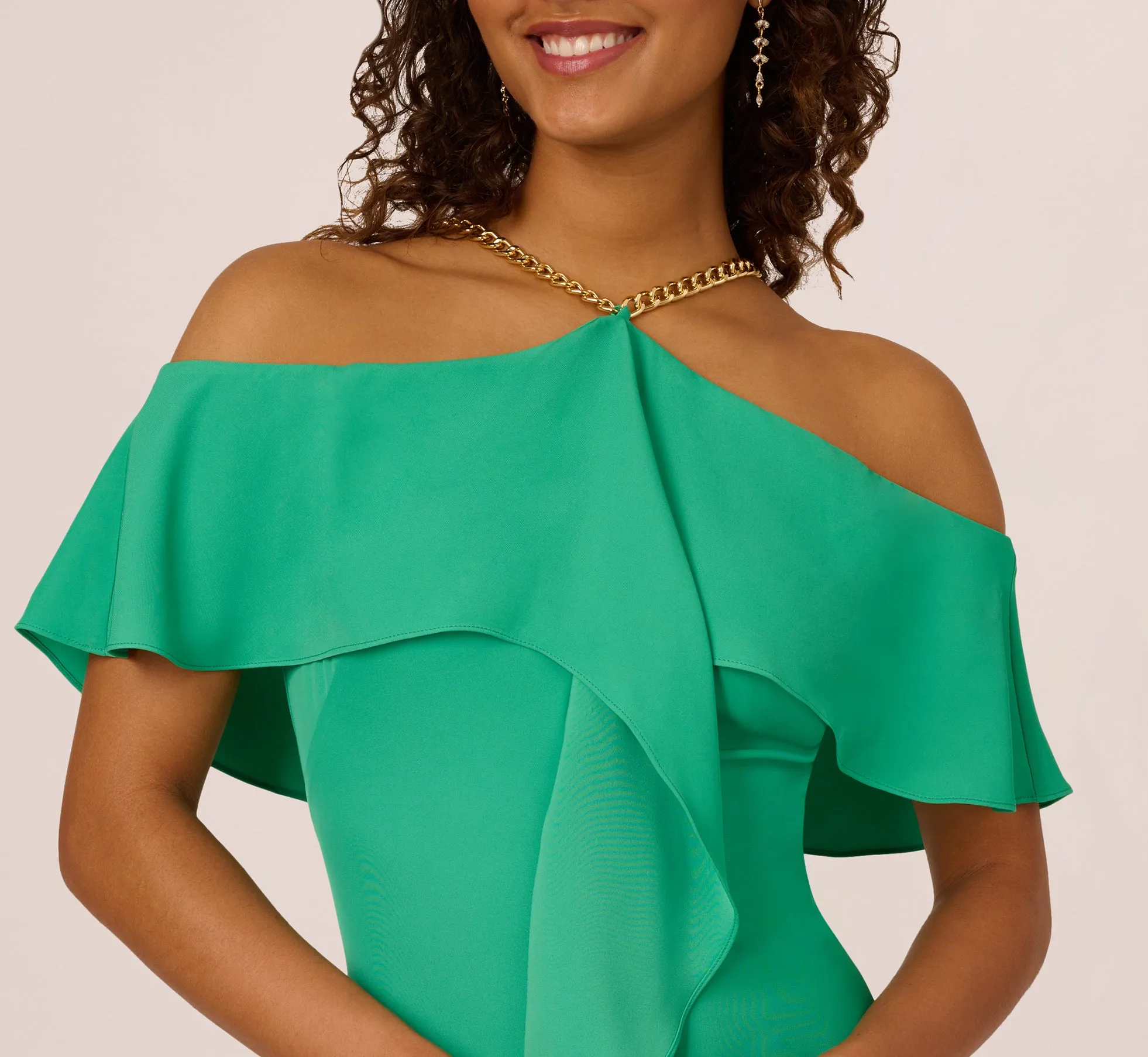 Ruffle Popover Midi Dress With Chain Halter Neckline In Flora Green sold by Adrianna Papell product image thumbnail 3