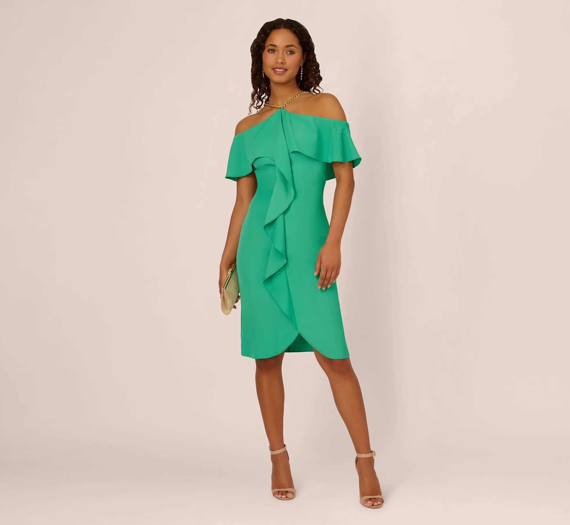 Ruffle Popover Midi Dress With Chain Halter Neckline In Flora Green sold by Adrianna Papell product image thumbnail 2