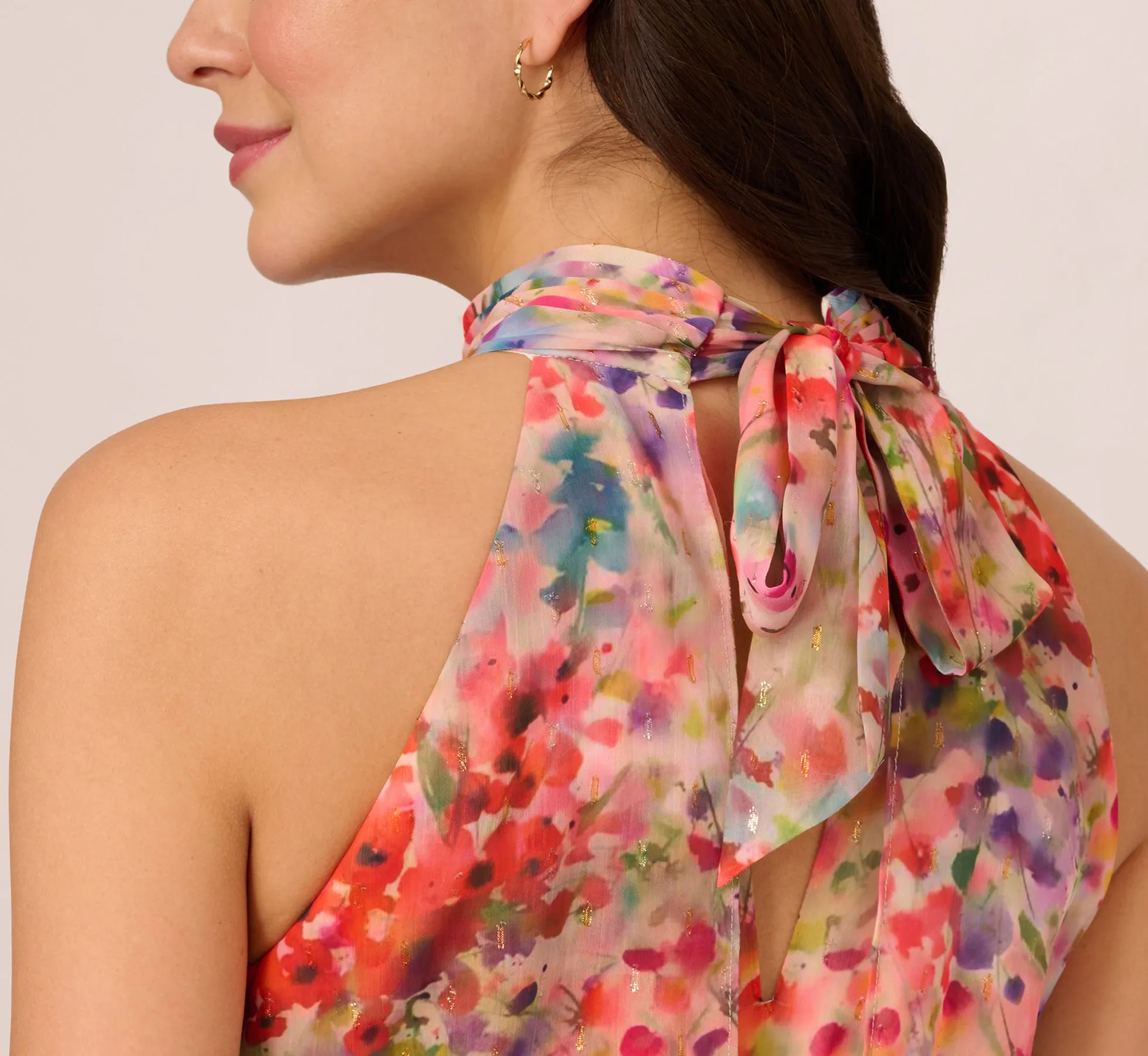 Floral Chiffon Halter Midi Dress With Blouson Bodice In Red Multi sold by Adrianna Papell product image thumbnail 5