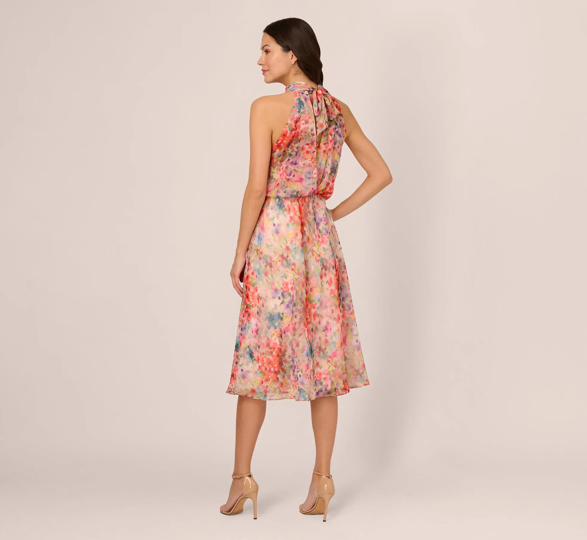 Floral Chiffon Halter Midi Dress With Blouson Bodice In Red Multi sold by Adrianna Papell product image thumbnail 4