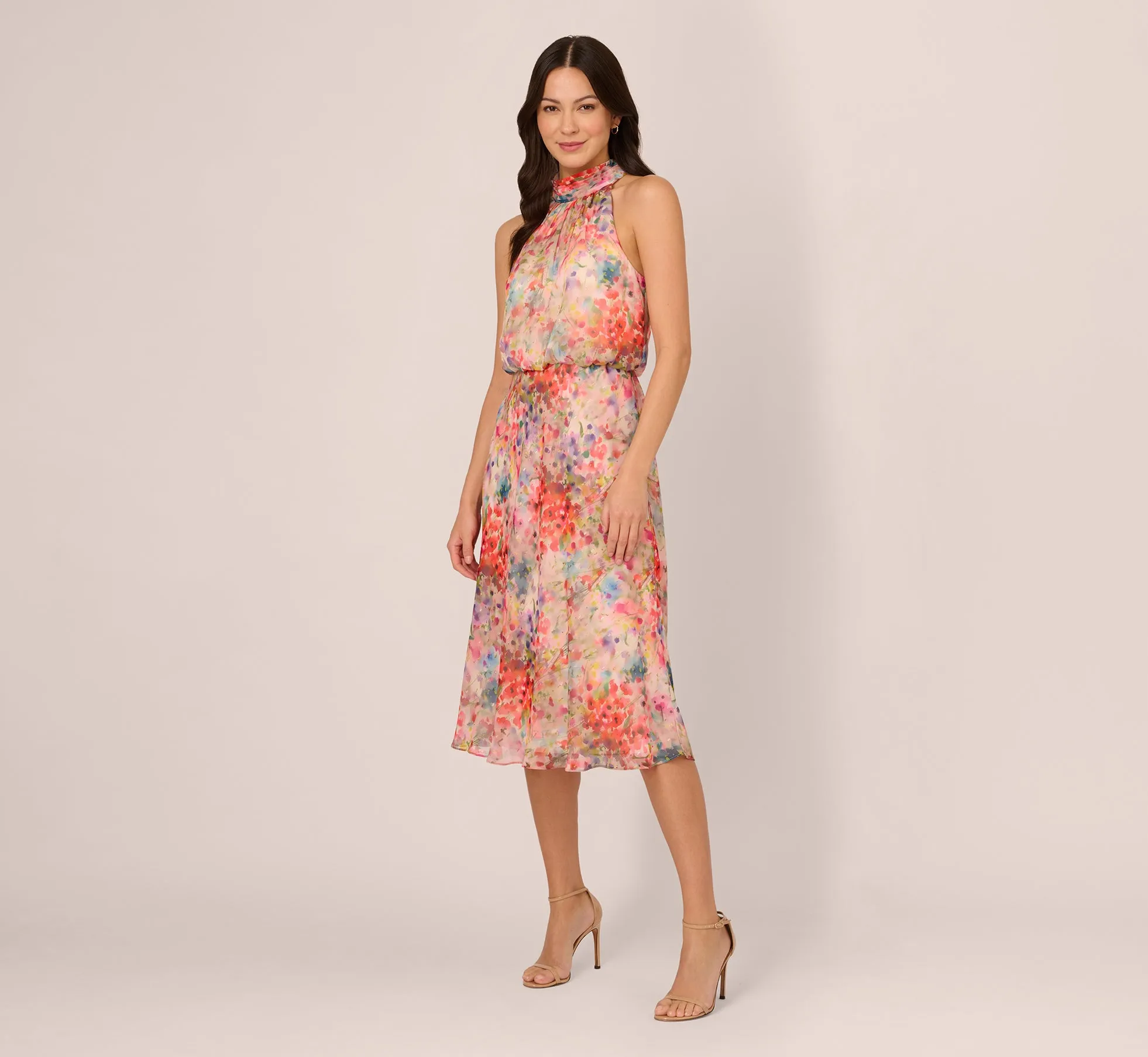 Floral Chiffon Halter Midi Dress With Blouson Bodice In Red Multi sold by Adrianna Papell