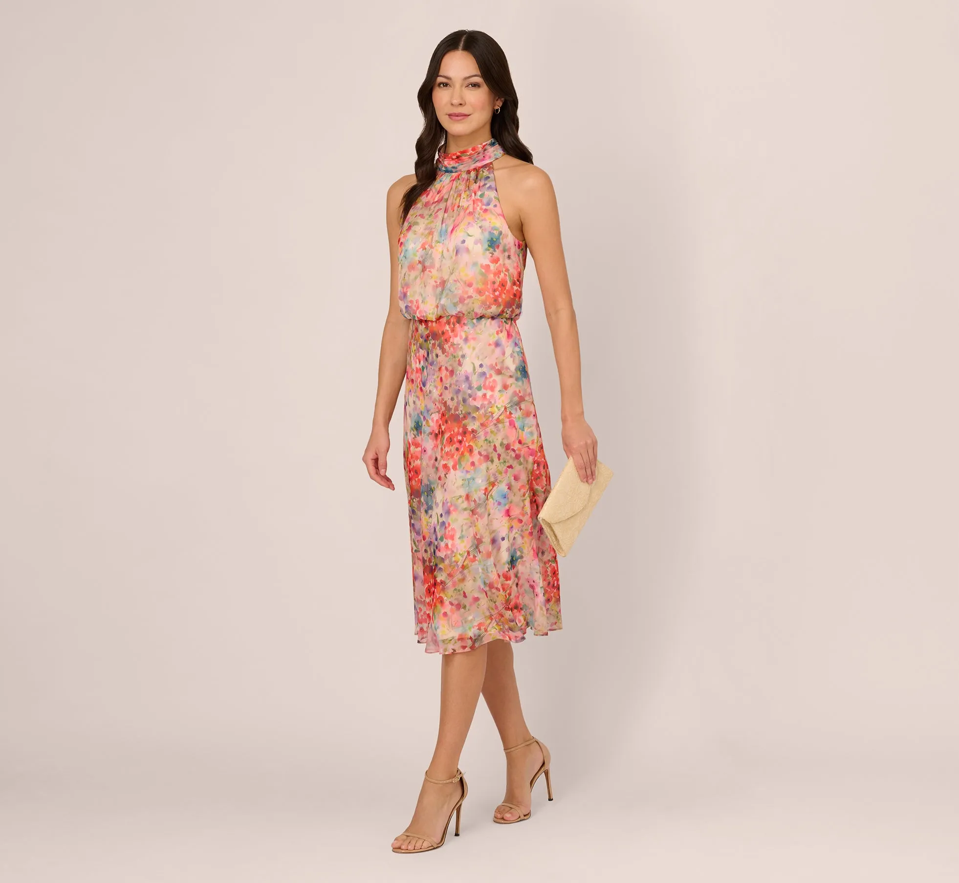 Floral Chiffon Halter Midi Dress With Blouson Bodice In Red Multi sold by Adrianna Papell product image thumbnail 2