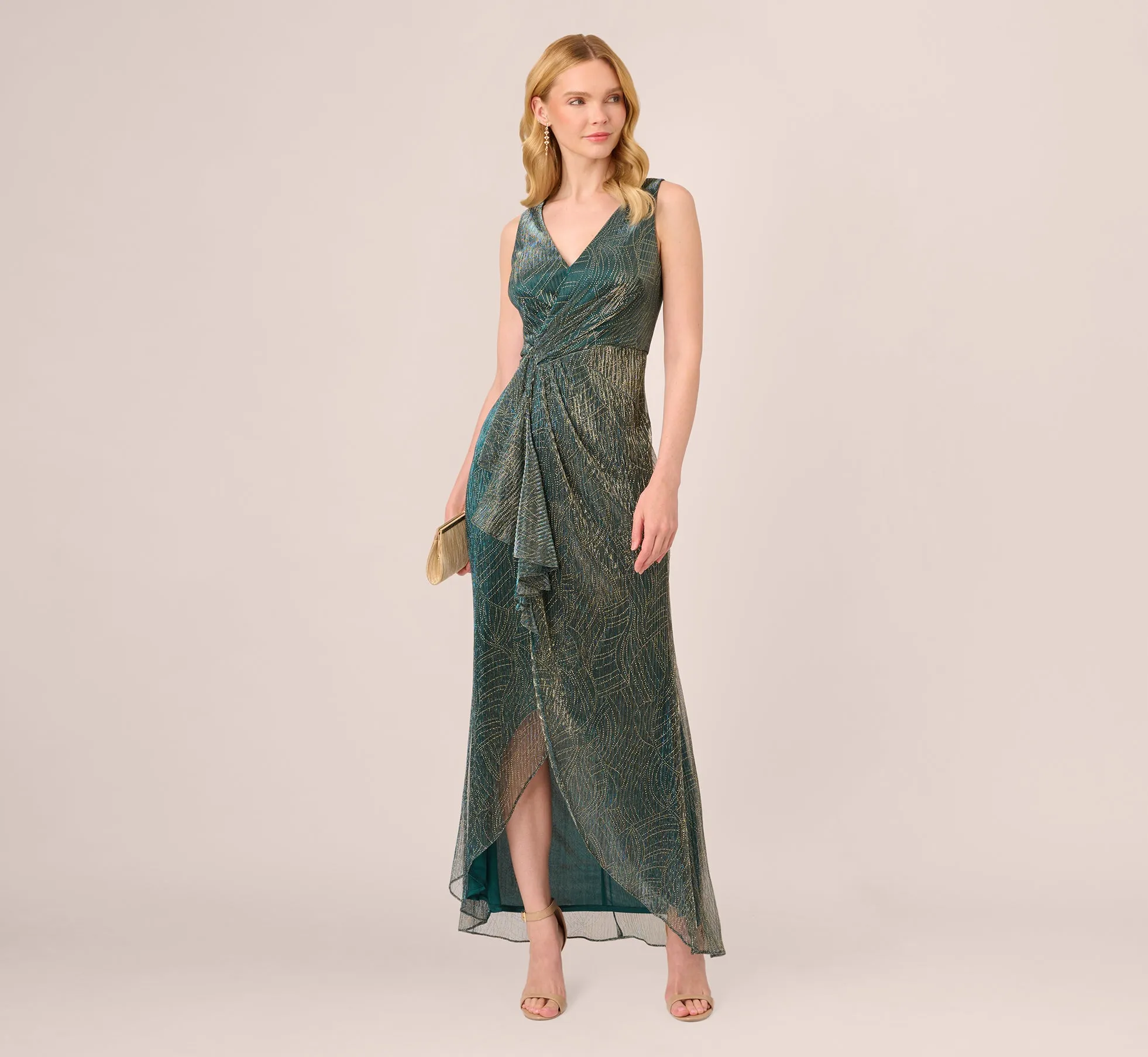 Metallic Mesh Faux Wrap Gown With Ruffle Accents In Evergreen sold by Adrianna Papell product image thumbnail 2