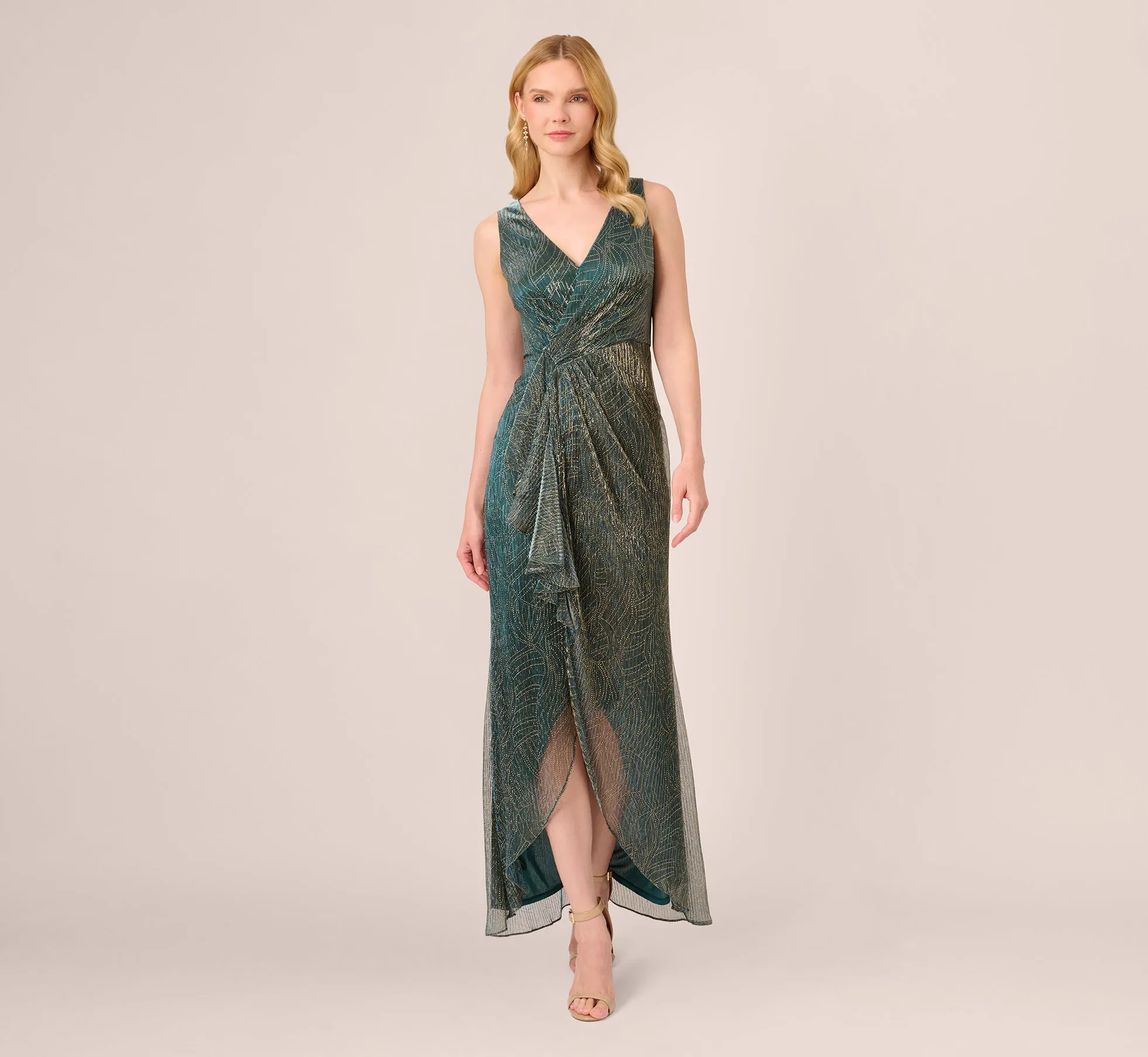 Metallic Mesh Faux Wrap Gown With Ruffle Accents In Evergreen sold by Adrianna Papell