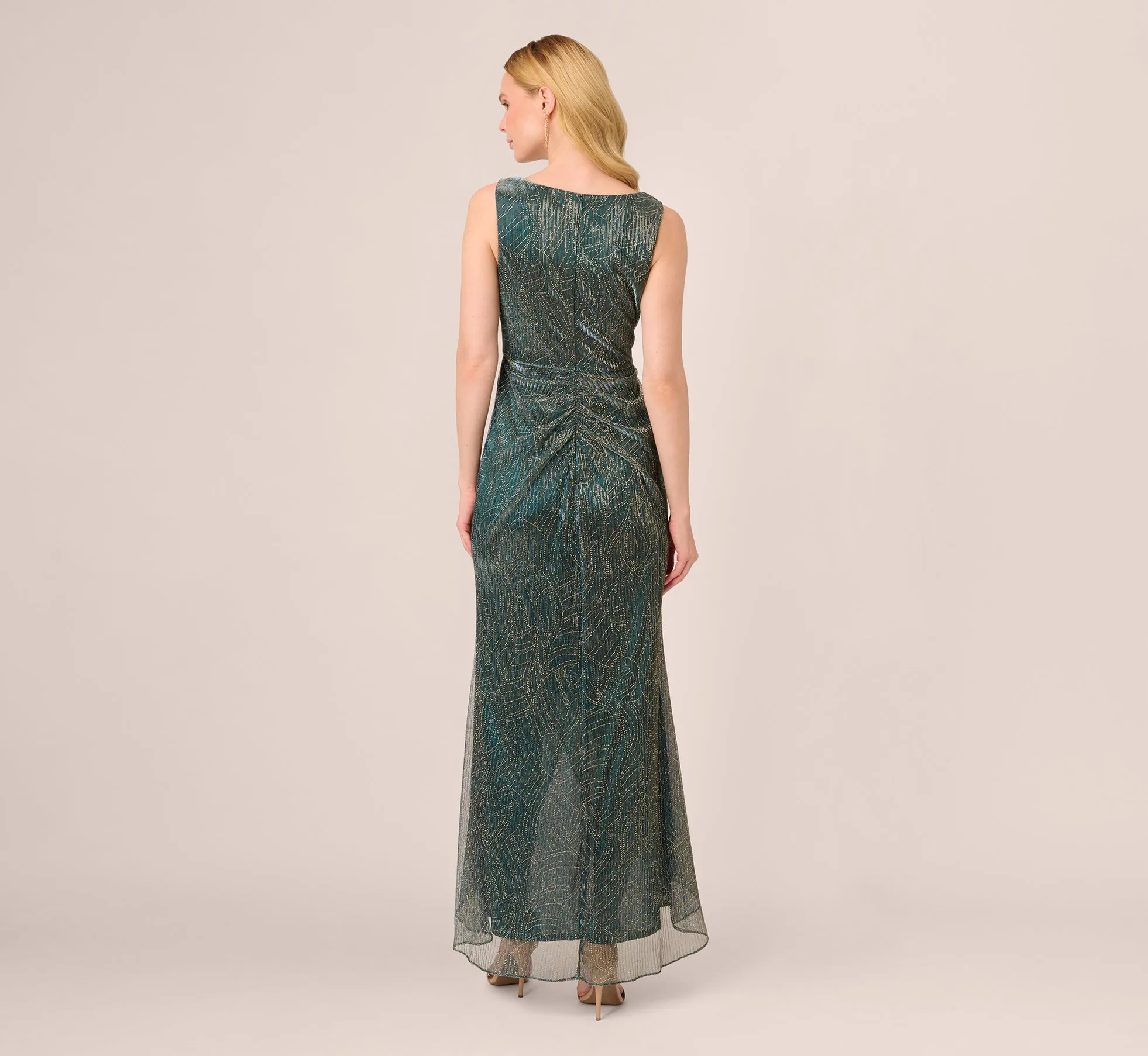 Metallic Mesh Faux Wrap Gown With Ruffle Accents In Evergreen sold by Adrianna Papell product image thumbnail 4