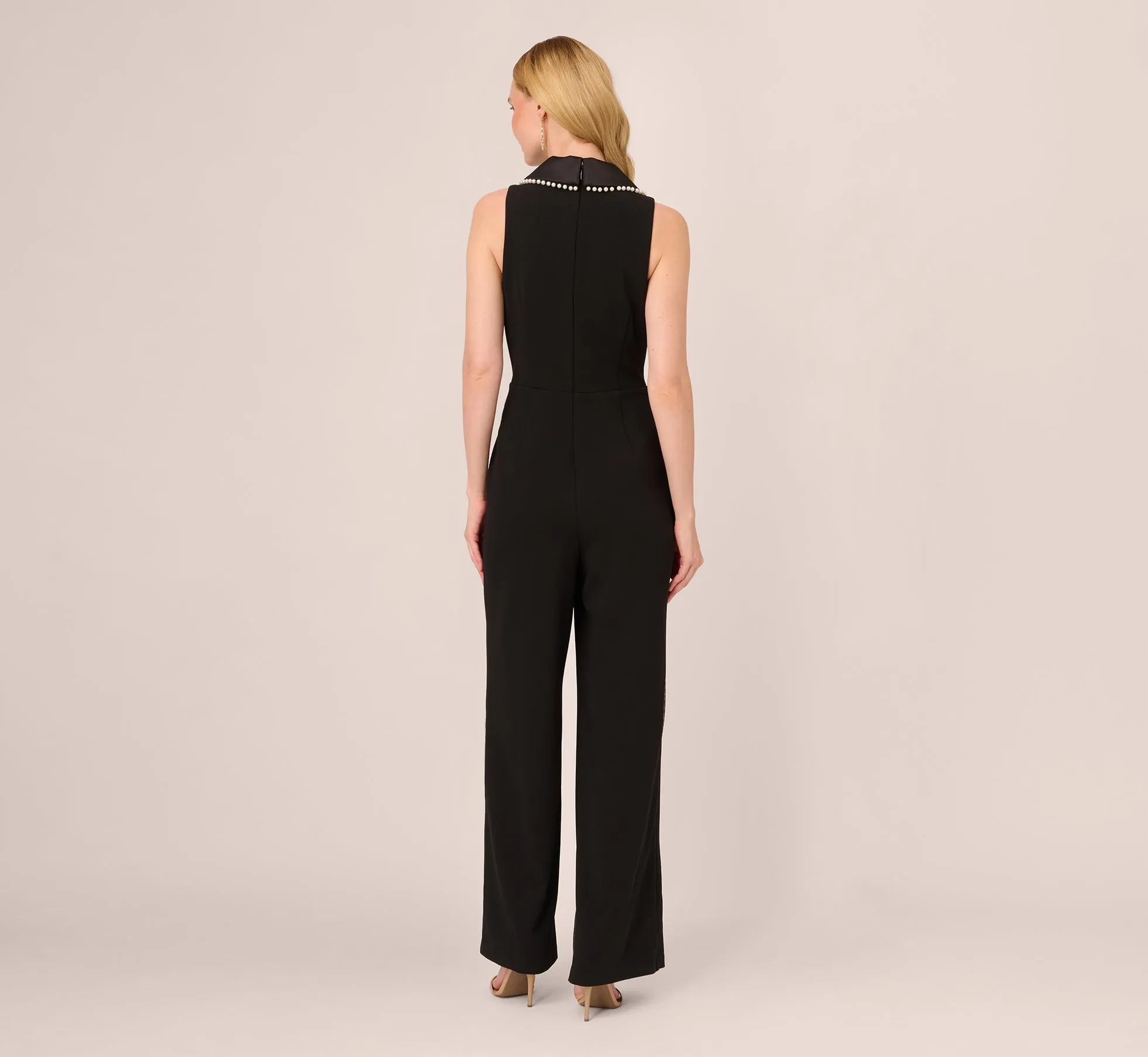 Sleeveless Crepe Tuxedo Jumpsuit With Pearl Trim In Black sold by Adrianna Papell product image thumbnail 5