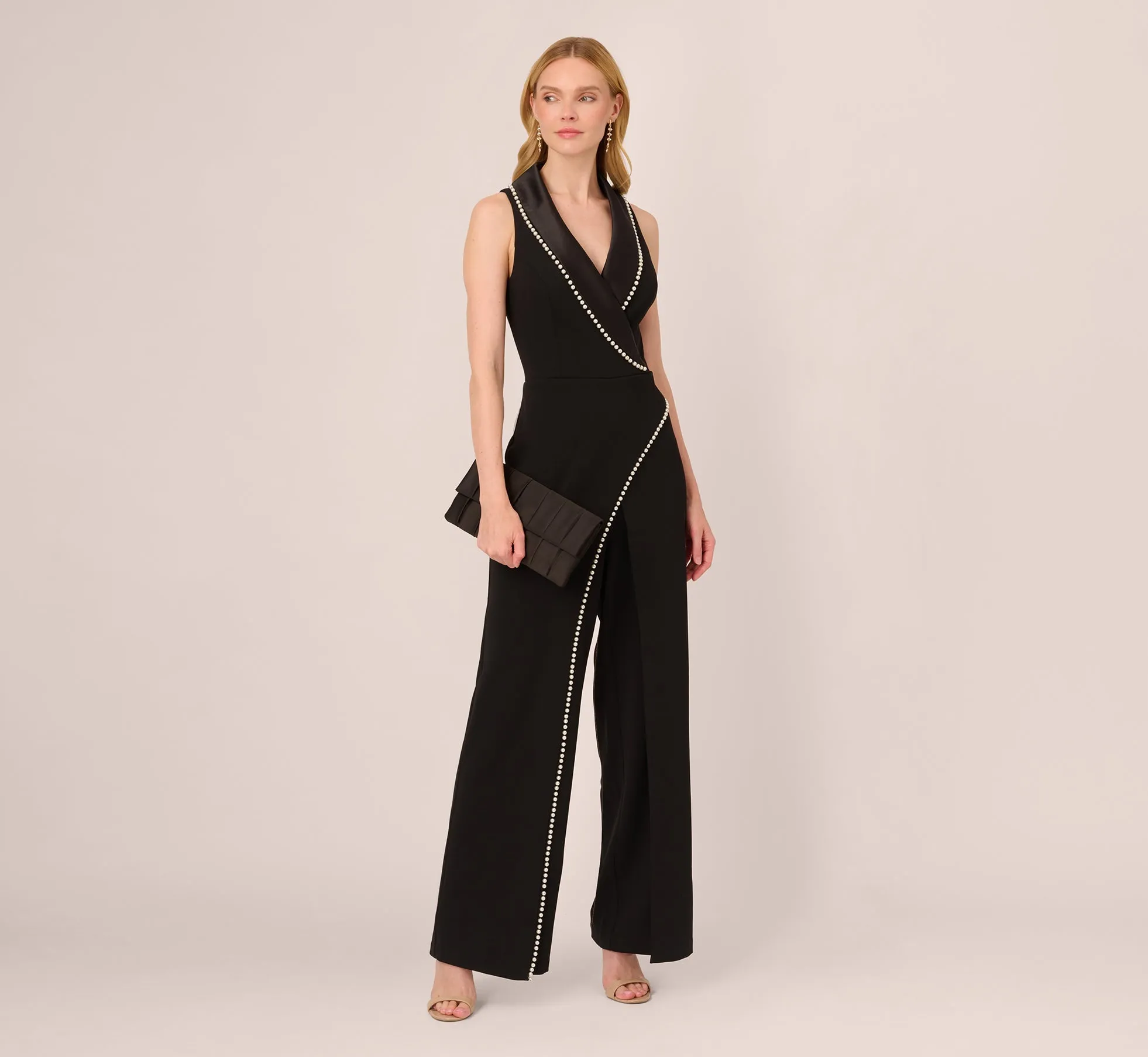 Sleeveless Crepe Tuxedo Jumpsuit With Pearl Trim In Black sold by Adrianna Papell product image thumbnail 2