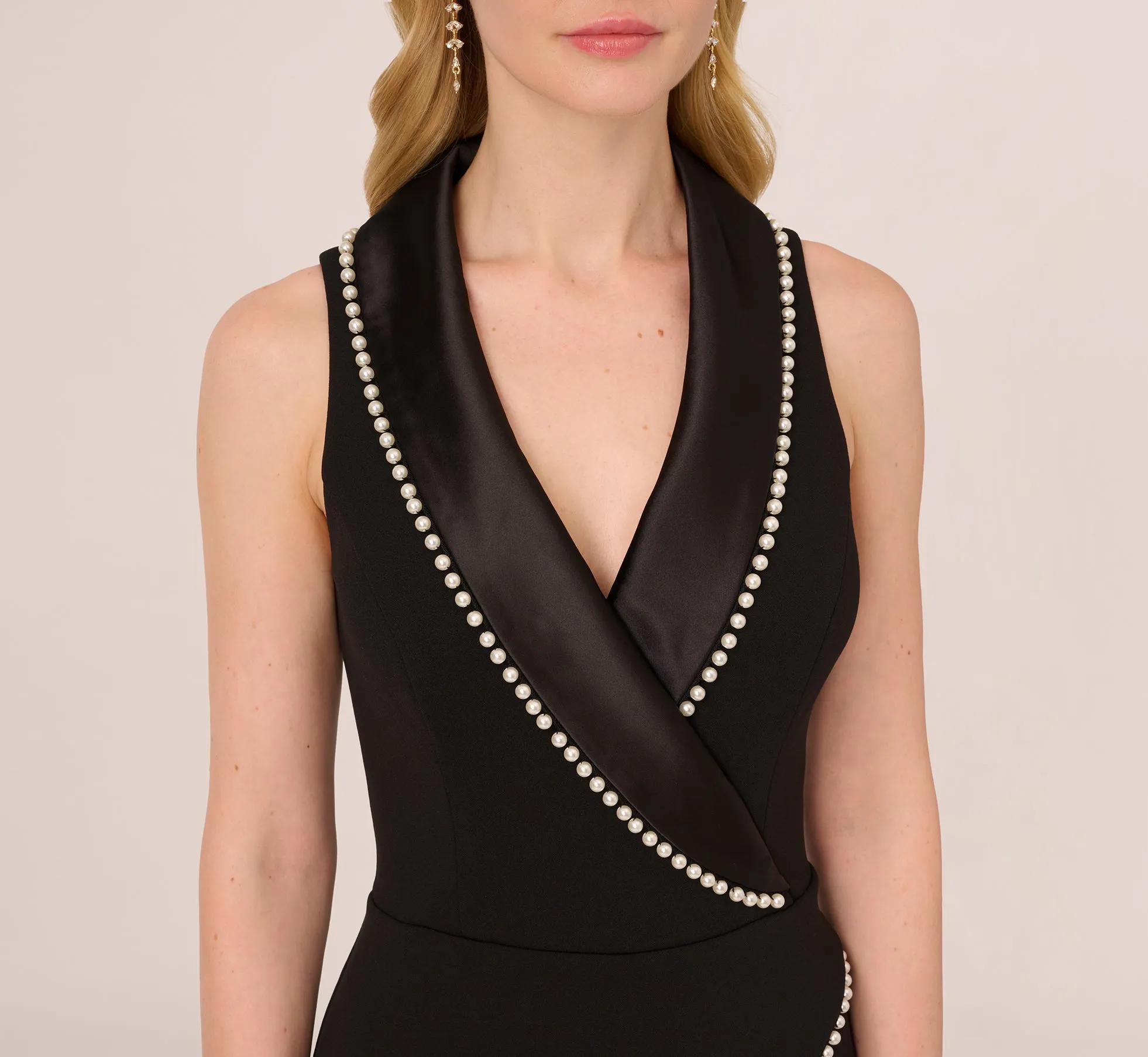 Sleeveless Crepe Tuxedo Jumpsuit With Pearl Trim In Black sold by Adrianna Papell product image thumbnail 3