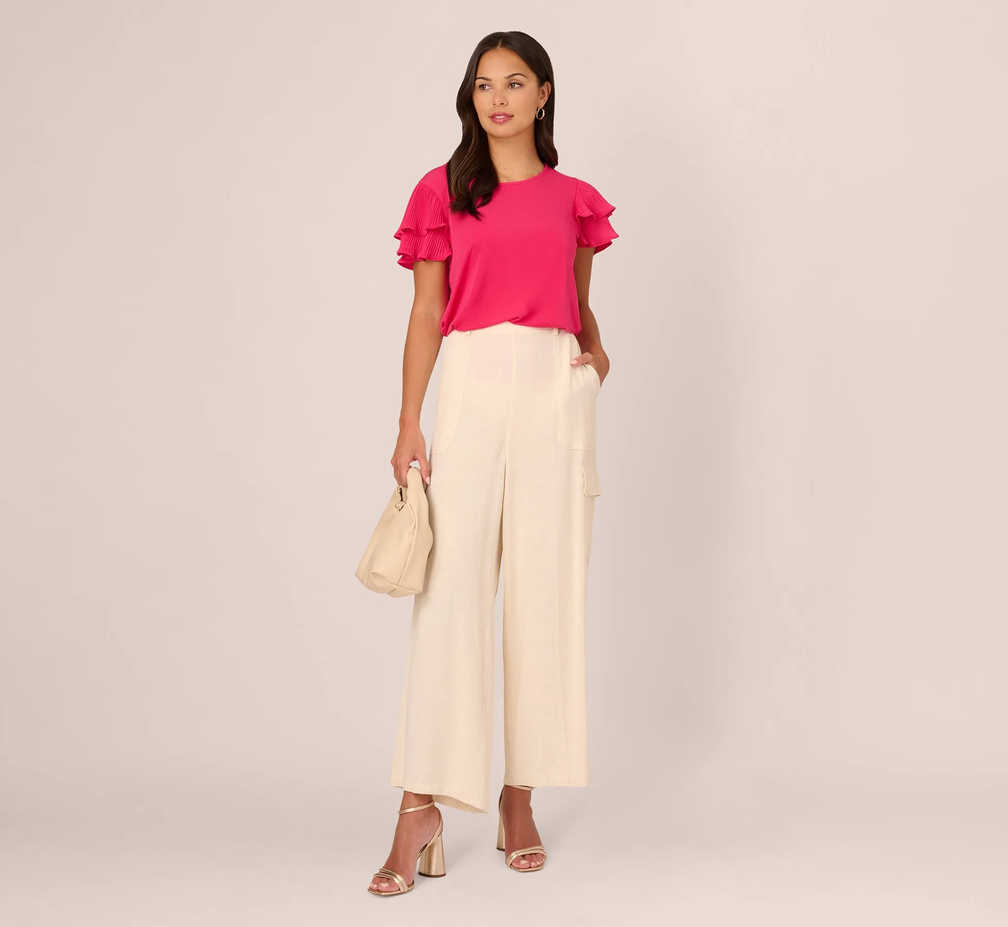 Double Flutter Sleeve Top With Pleated Details In Pink Cherry sold by Adrianna Papell product image thumbnail 2