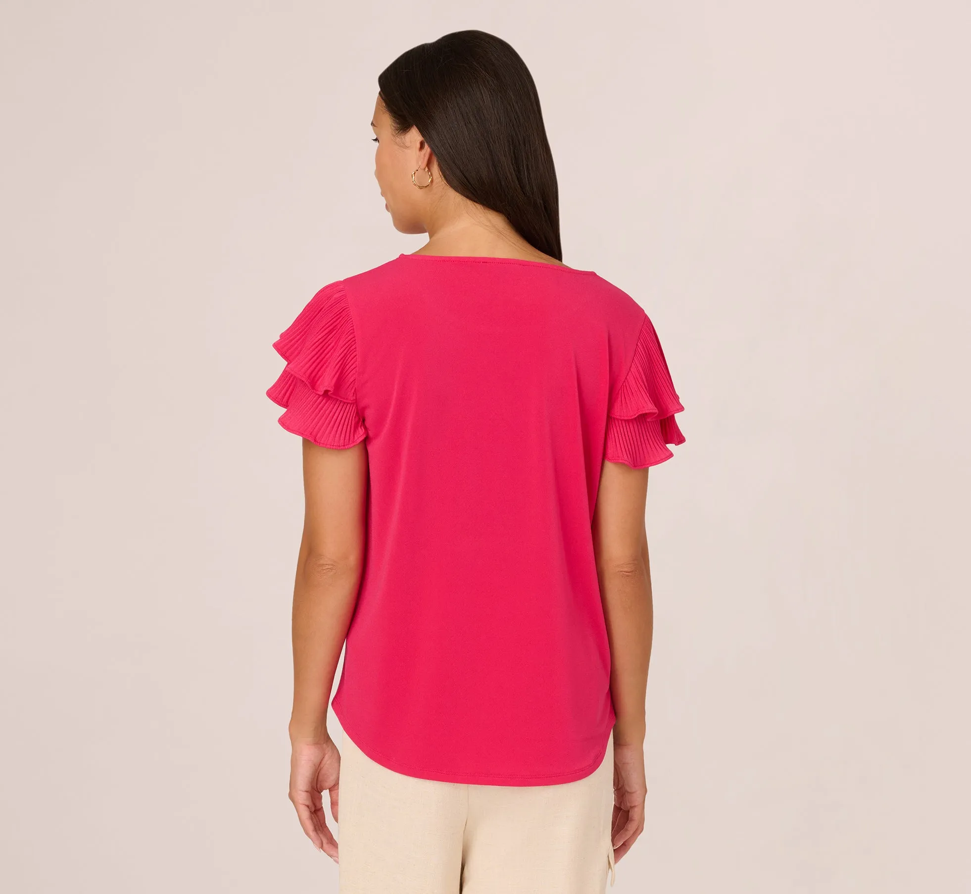 Double Flutter Sleeve Top With Pleated Details In Pink Cherry sold by Adrianna Papell product image thumbnail 5