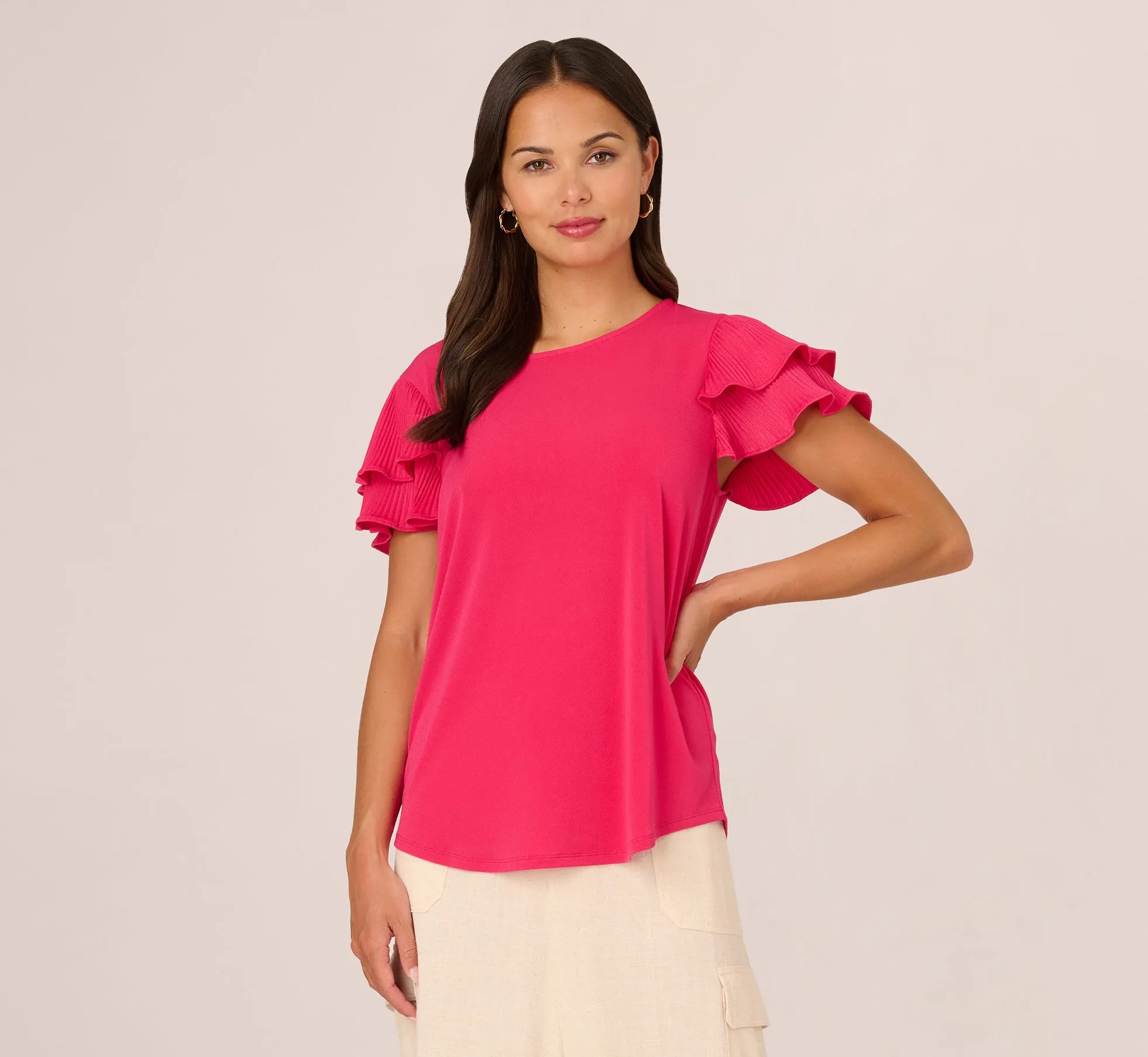 Double Flutter Sleeve Top With Pleated Details In Pink Cherry sold by Adrianna Papell