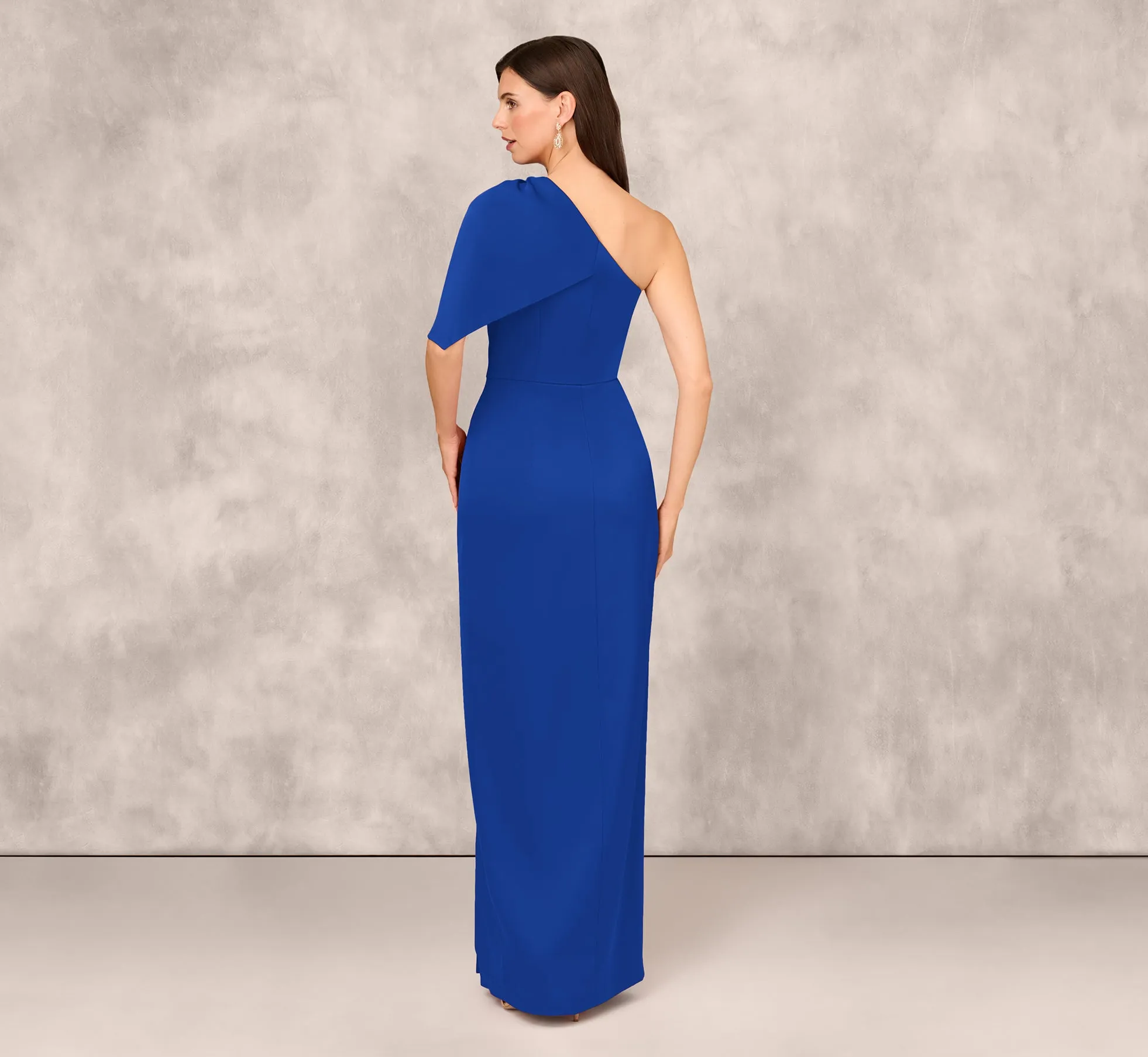 One Shoulder Satin Crepe Gown With Bead Trim Cape Sleeve In Royal Sapphire sold by Adrianna Papell product image thumbnail 5