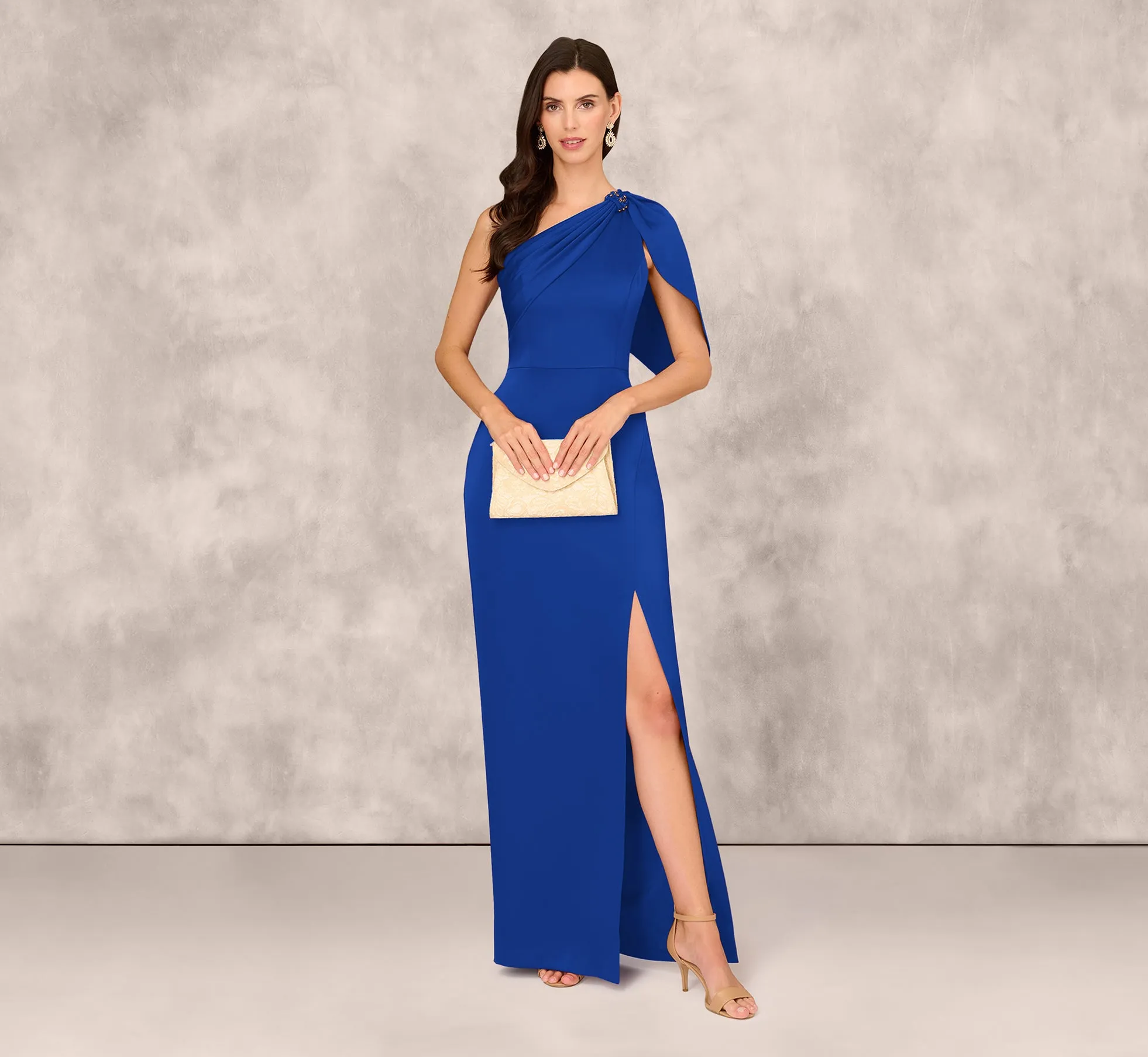 One Shoulder Satin Crepe Gown With Bead Trim Cape Sleeve In Royal Sapphire sold by Adrianna Papell product image thumbnail 2