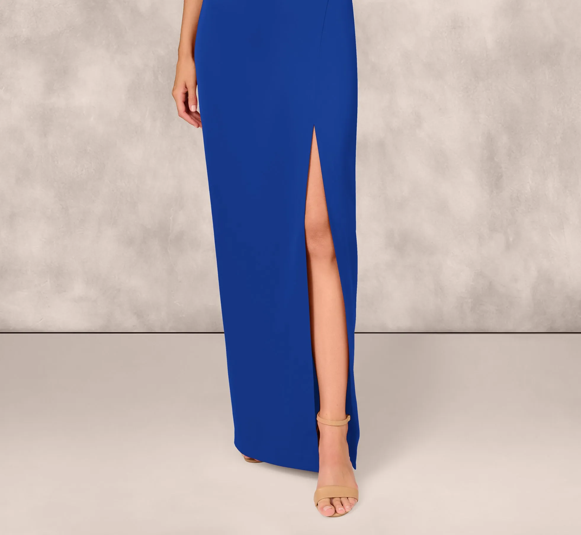 One Shoulder Satin Crepe Gown With Bead Trim Cape Sleeve In Royal Sapphire sold by Adrianna Papell product image thumbnail 4