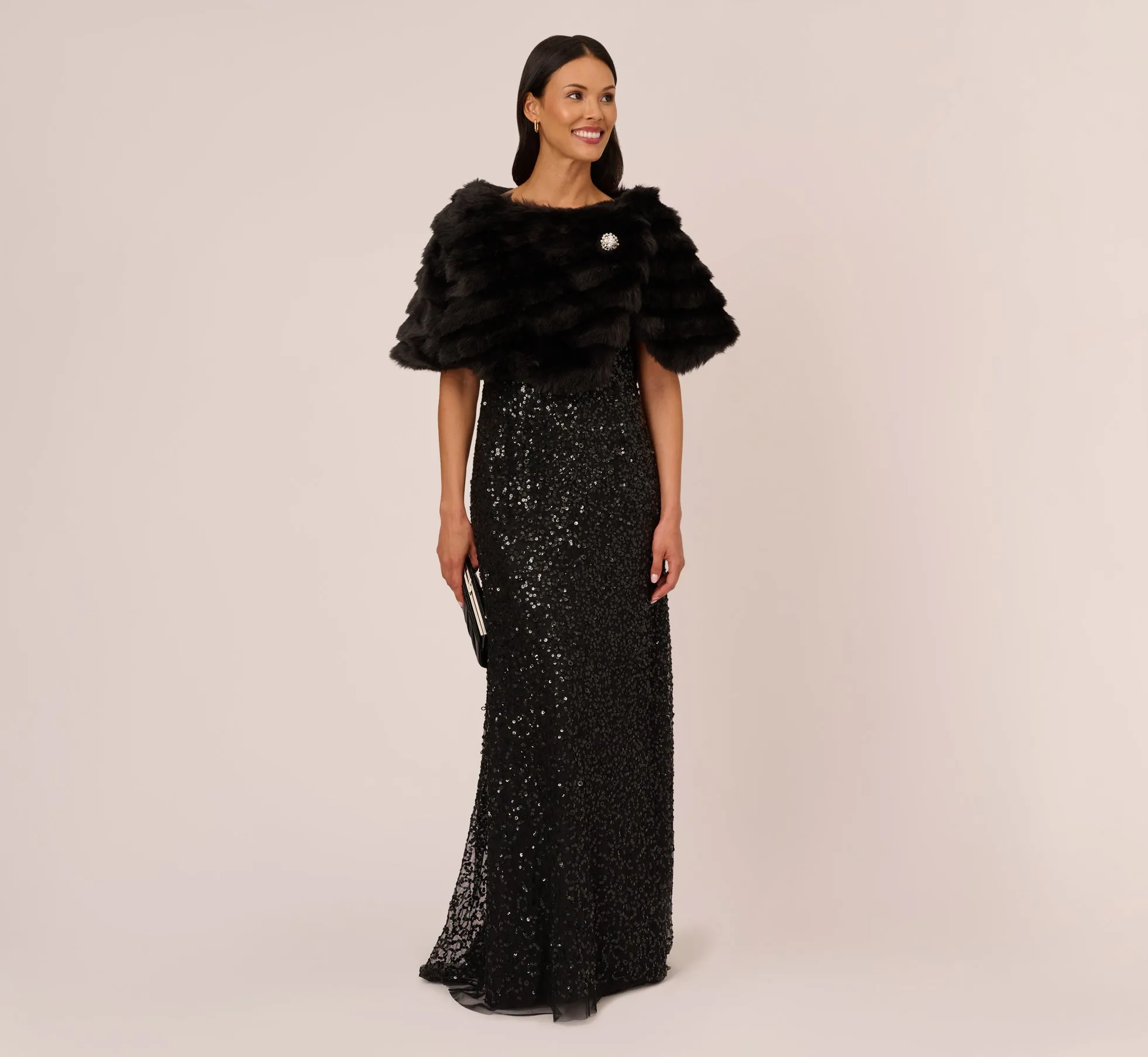 Faux Fur Wrap With Stone Broach In Black sold by Adrianna Papell product image thumbnail 2