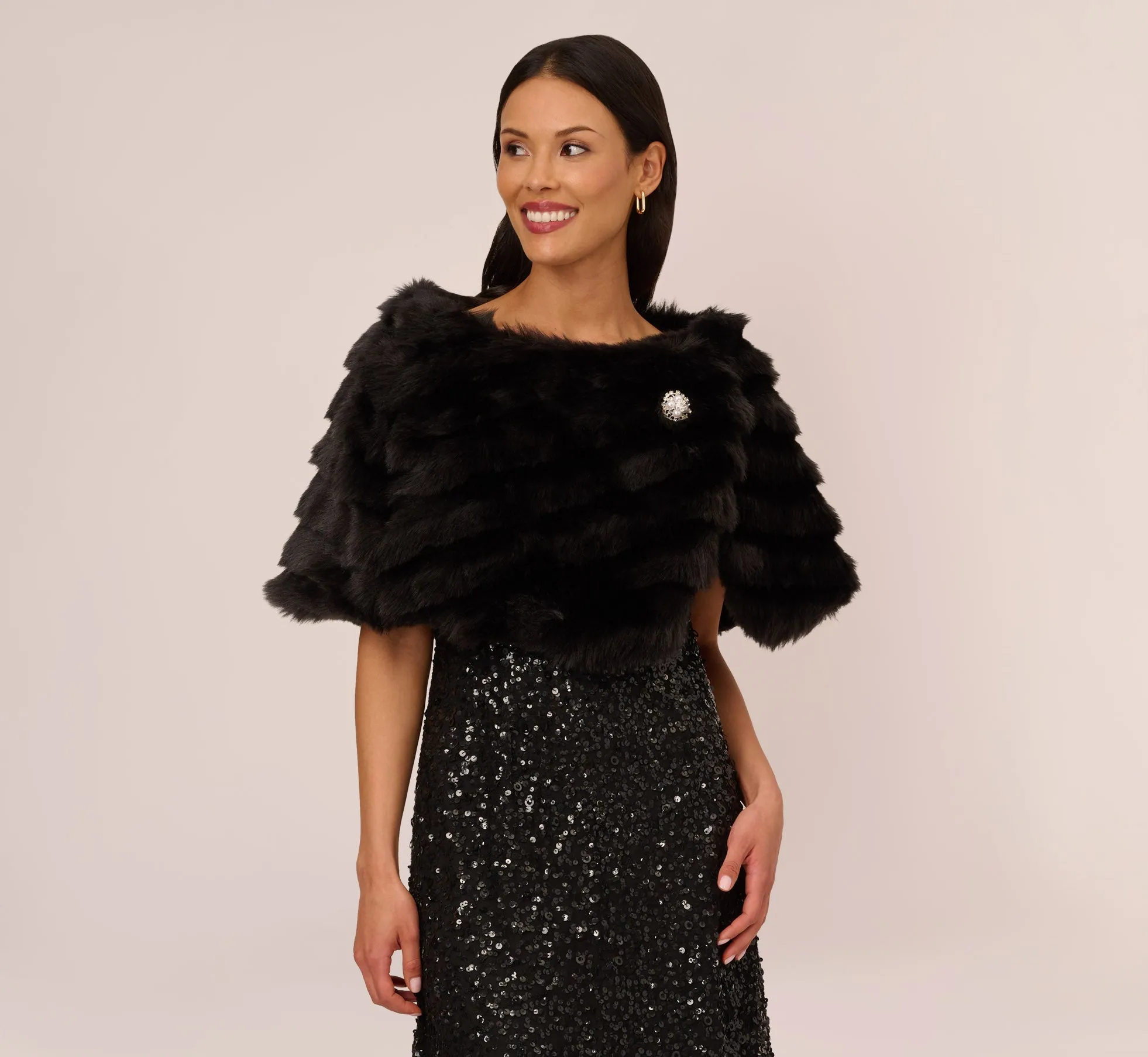 Faux Fur Wrap With Stone Broach In Black sold by Adrianna Papell