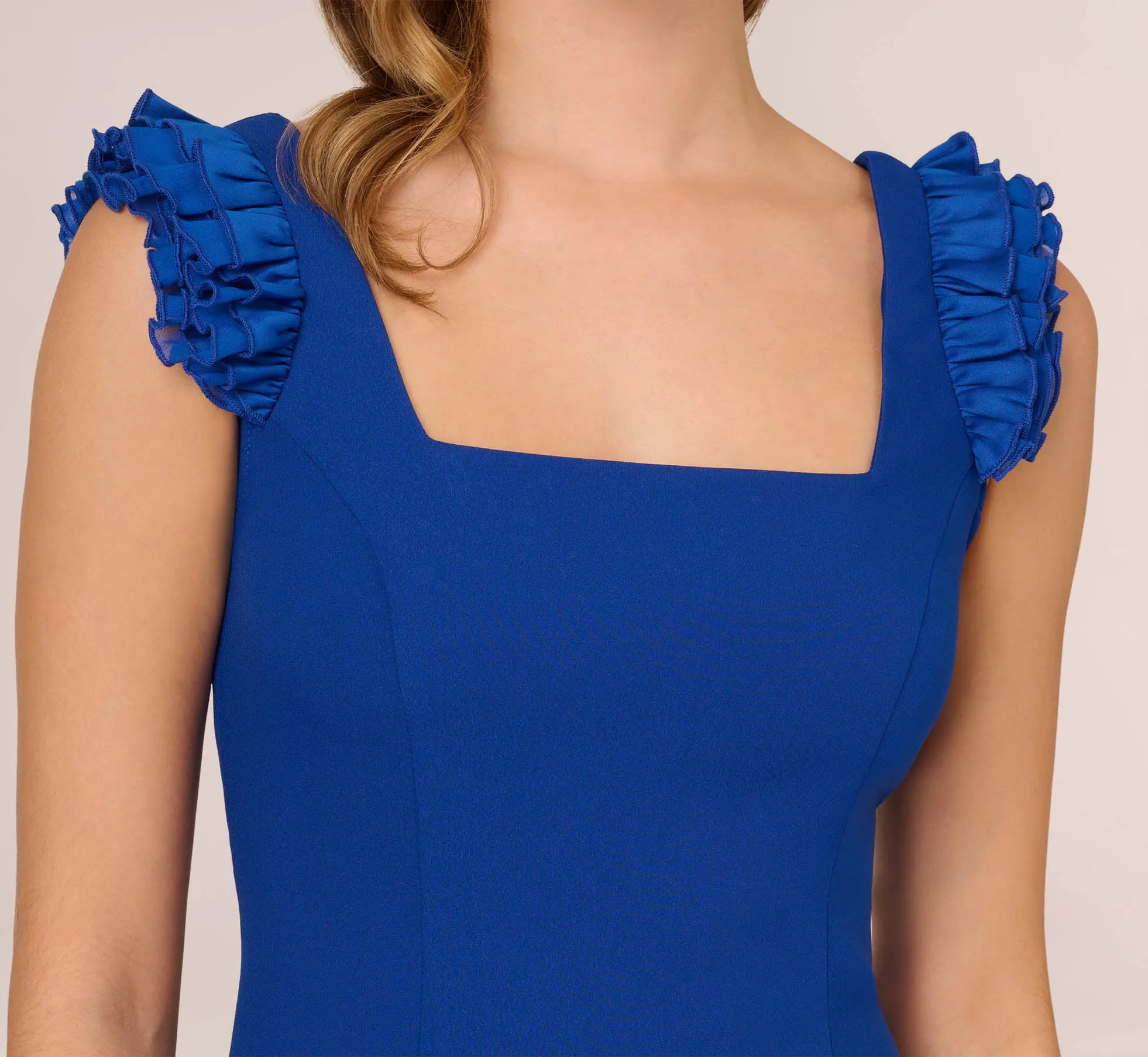 Ruffled Satin Crepe Midi-Length High/Low Cocktail Mermaid Dress In Violet Cobalt sold by Adrianna Papell product image thumbnail 3