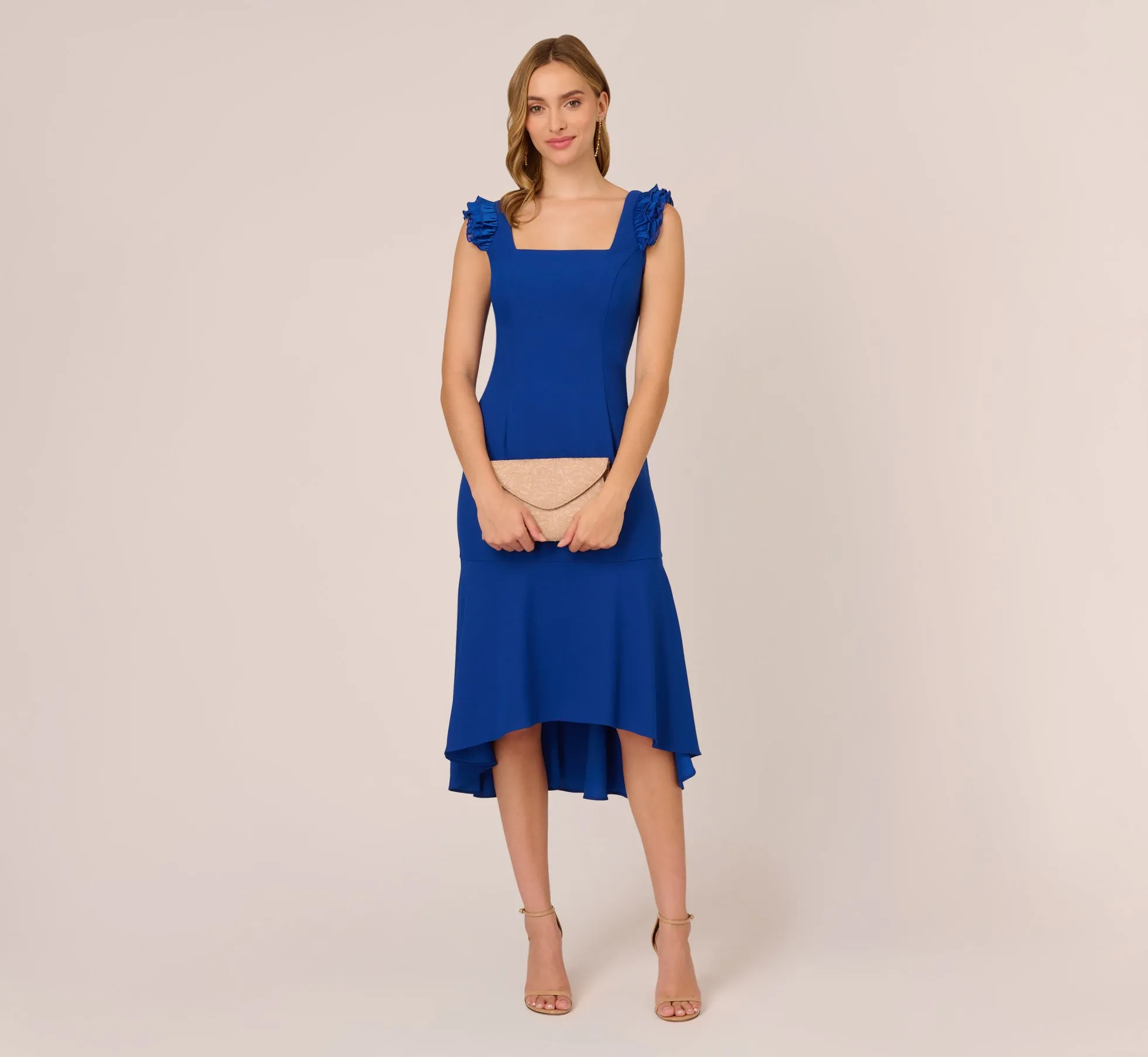 Ruffled Satin Crepe Midi-Length High/Low Cocktail Mermaid Dress In Violet Cobalt sold by Adrianna Papell product image thumbnail 2