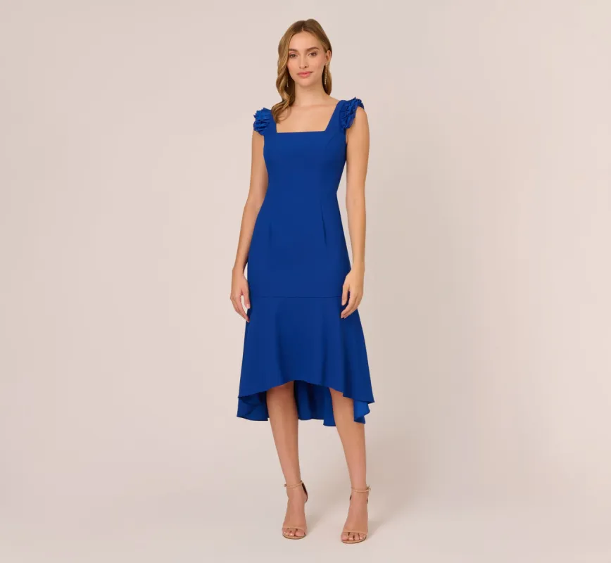 Ruffled Satin Crepe Midi-Length High/Low Cocktail Mermaid Dress In Violet Cobalt sold by Adrianna Papell