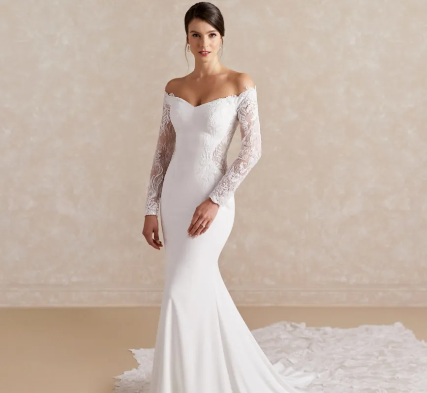 Platinum Crepe & Lace Off-The-Shoulder Wedding Gown In Ivory Ivory sold by Adrianna Papell