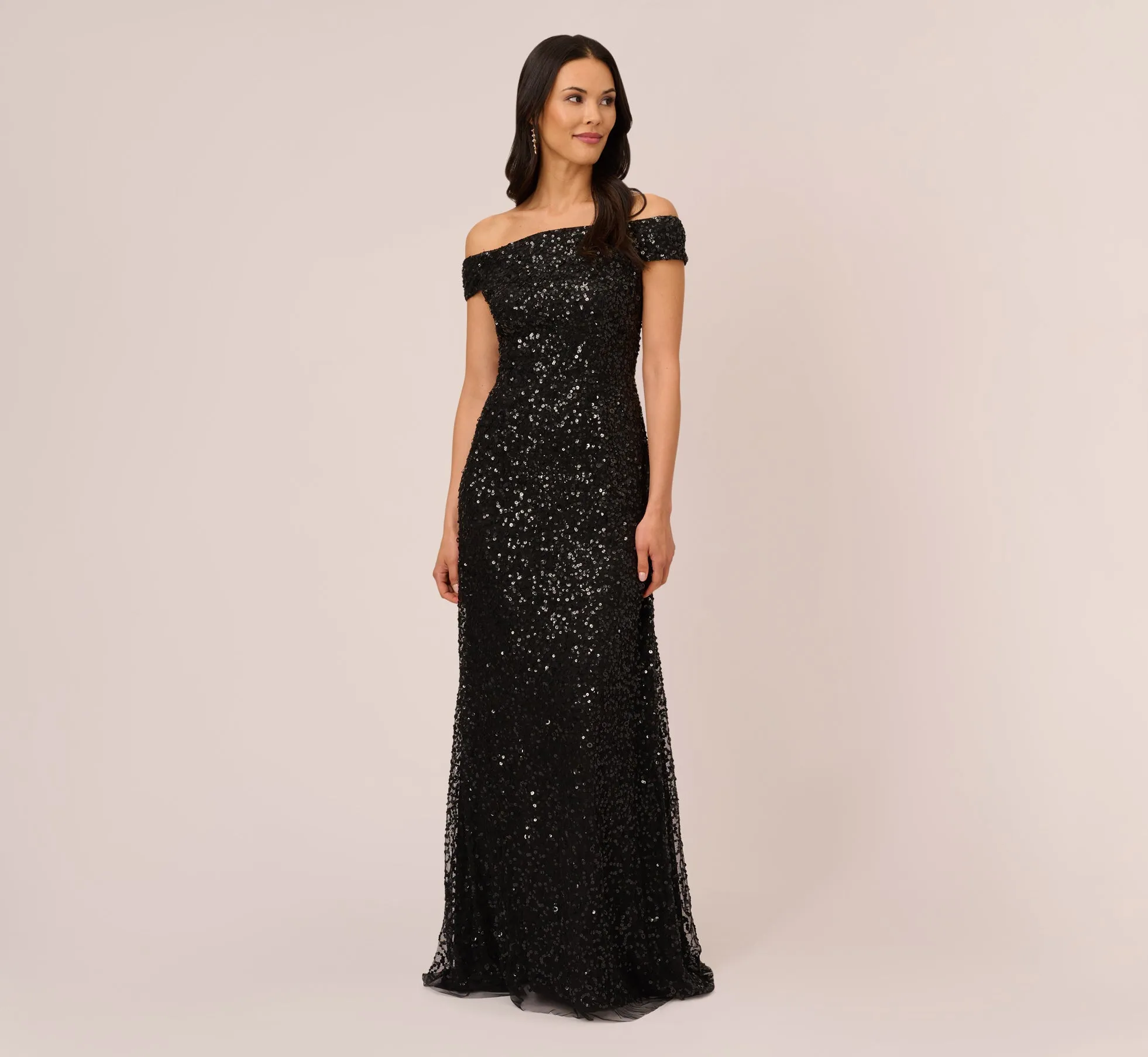 Off The Shoulder Sequin Beaded Gown In Black sold by Adrianna Papell