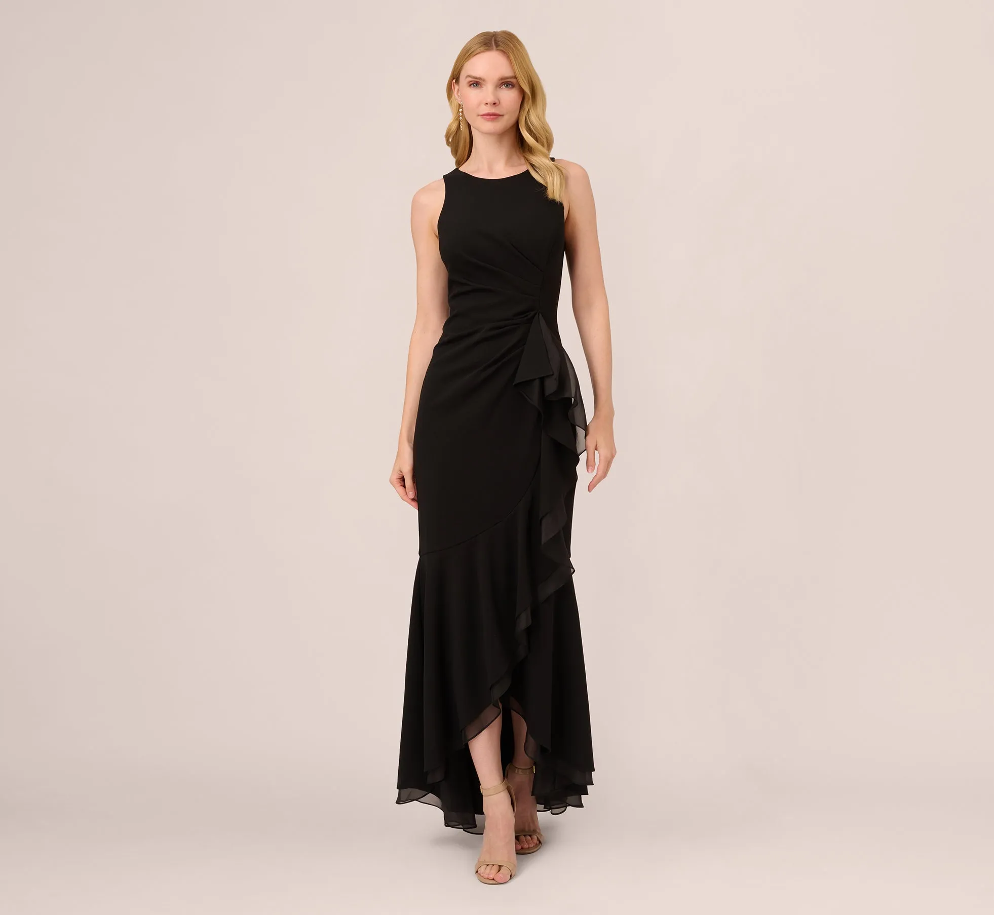 High Low Crepe Halter Gown With Organza Draping In Black sold by Adrianna Papell