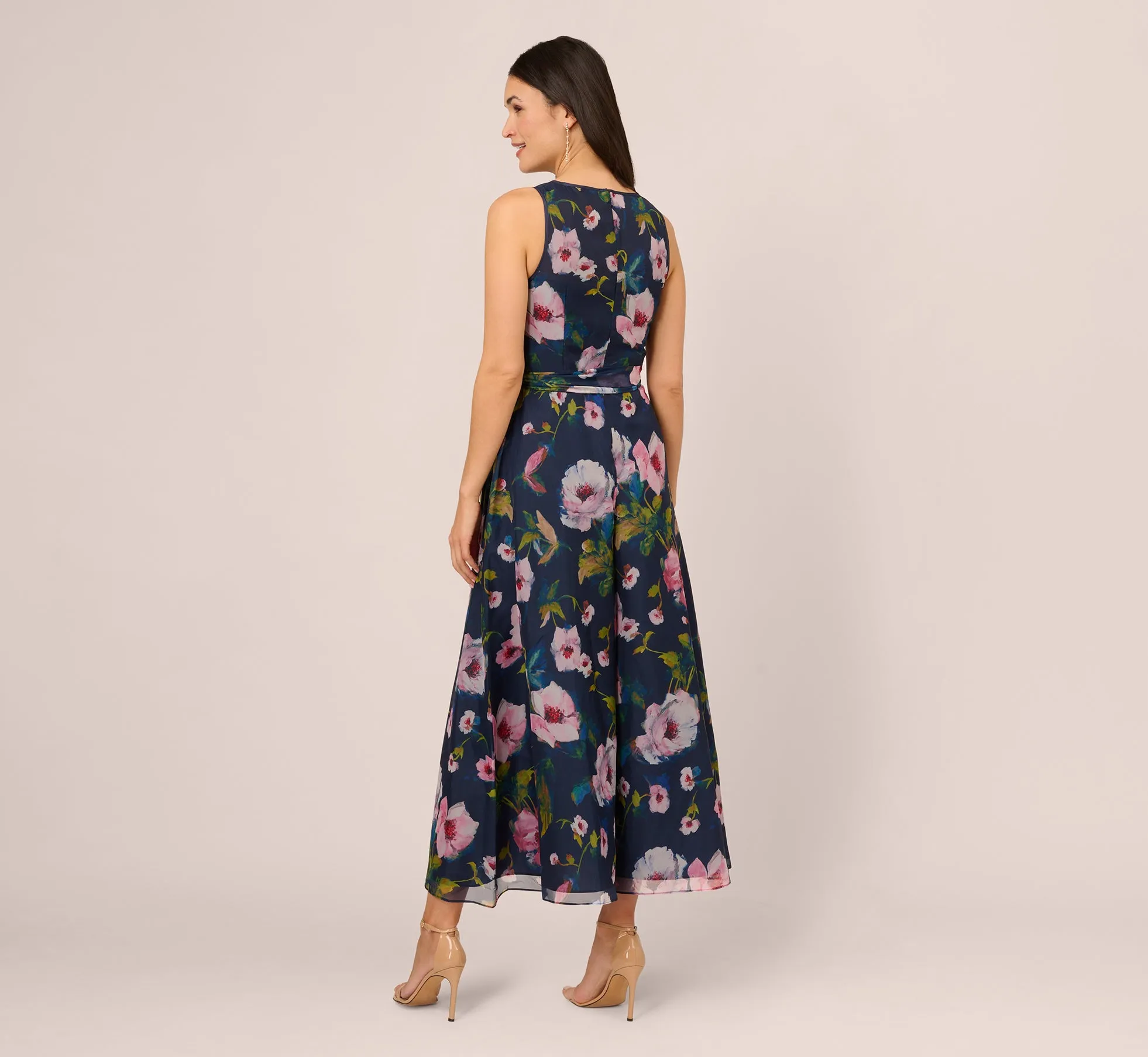 Sleeveless Floral Organza Jumpsuit With Cropped Wide Legs In Navy Multi sold by Adrianna Papell product image thumbnail 4