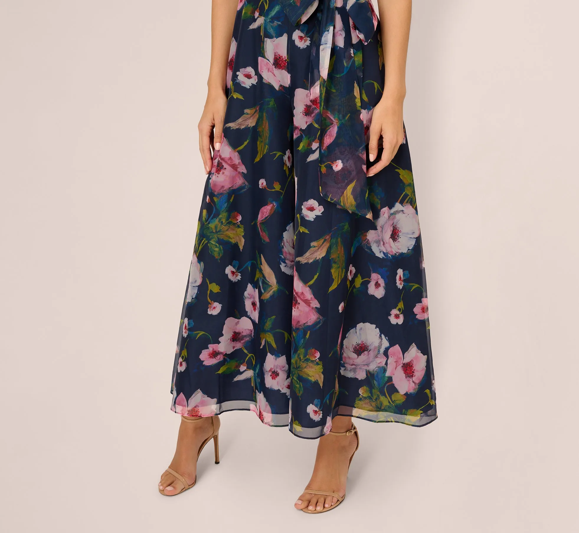 Sleeveless Floral Organza Jumpsuit With Cropped Wide Legs In Navy Multi sold by Adrianna Papell product image thumbnail 5