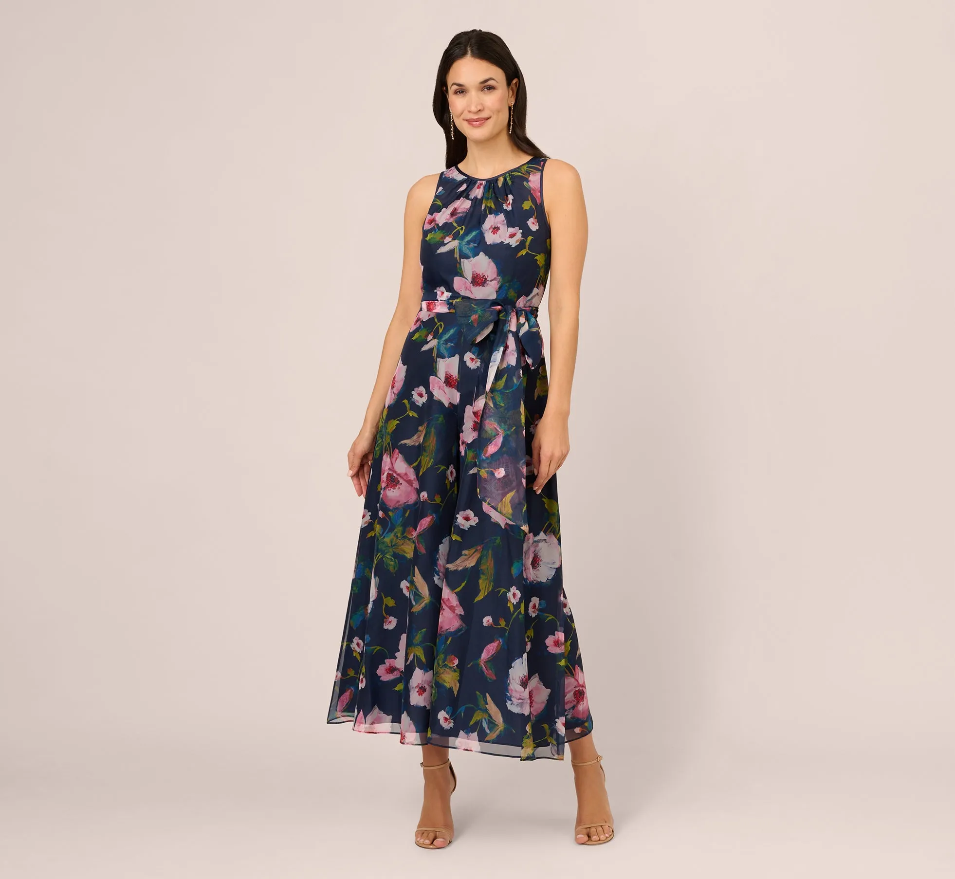 Sleeveless Floral Organza Jumpsuit With Cropped Wide Legs In Navy Multi sold by Adrianna Papell