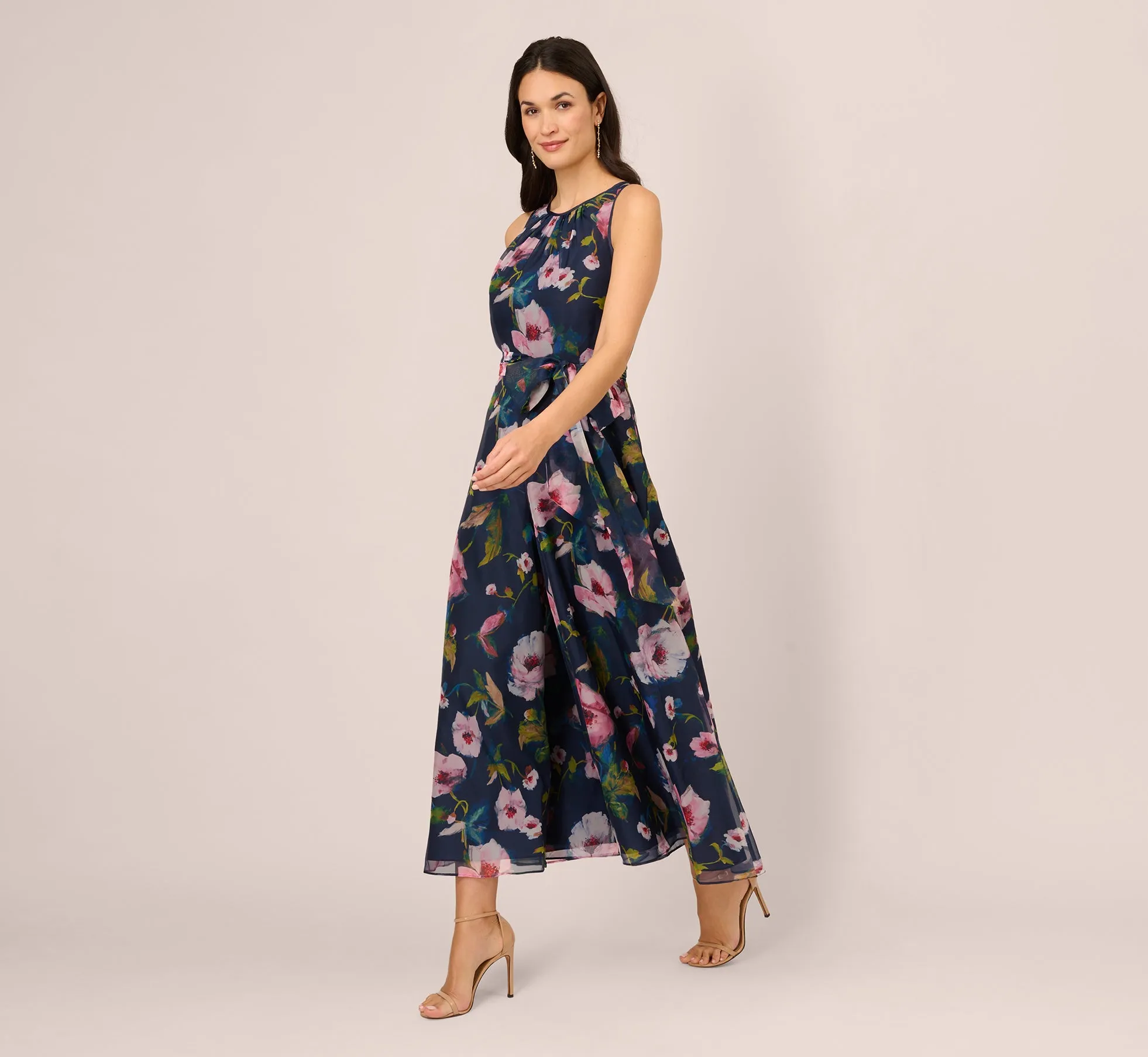 Sleeveless Floral Organza Jumpsuit With Cropped Wide Legs In Navy Multi sold by Adrianna Papell product image thumbnail 2