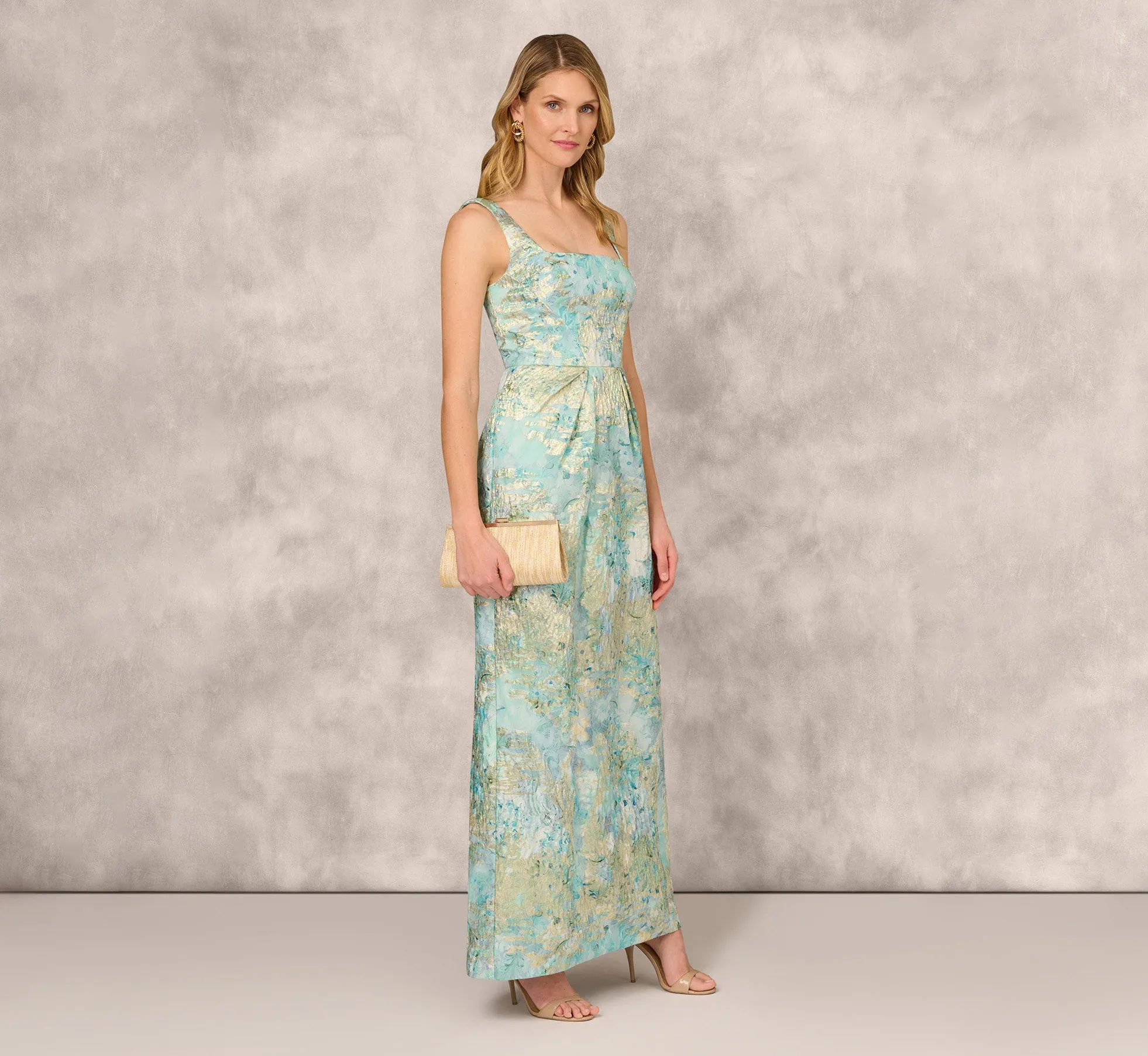 Floral Jacquard Gown With Pleated Waist In Green Multi sold by Adrianna Papell product image thumbnail 2
