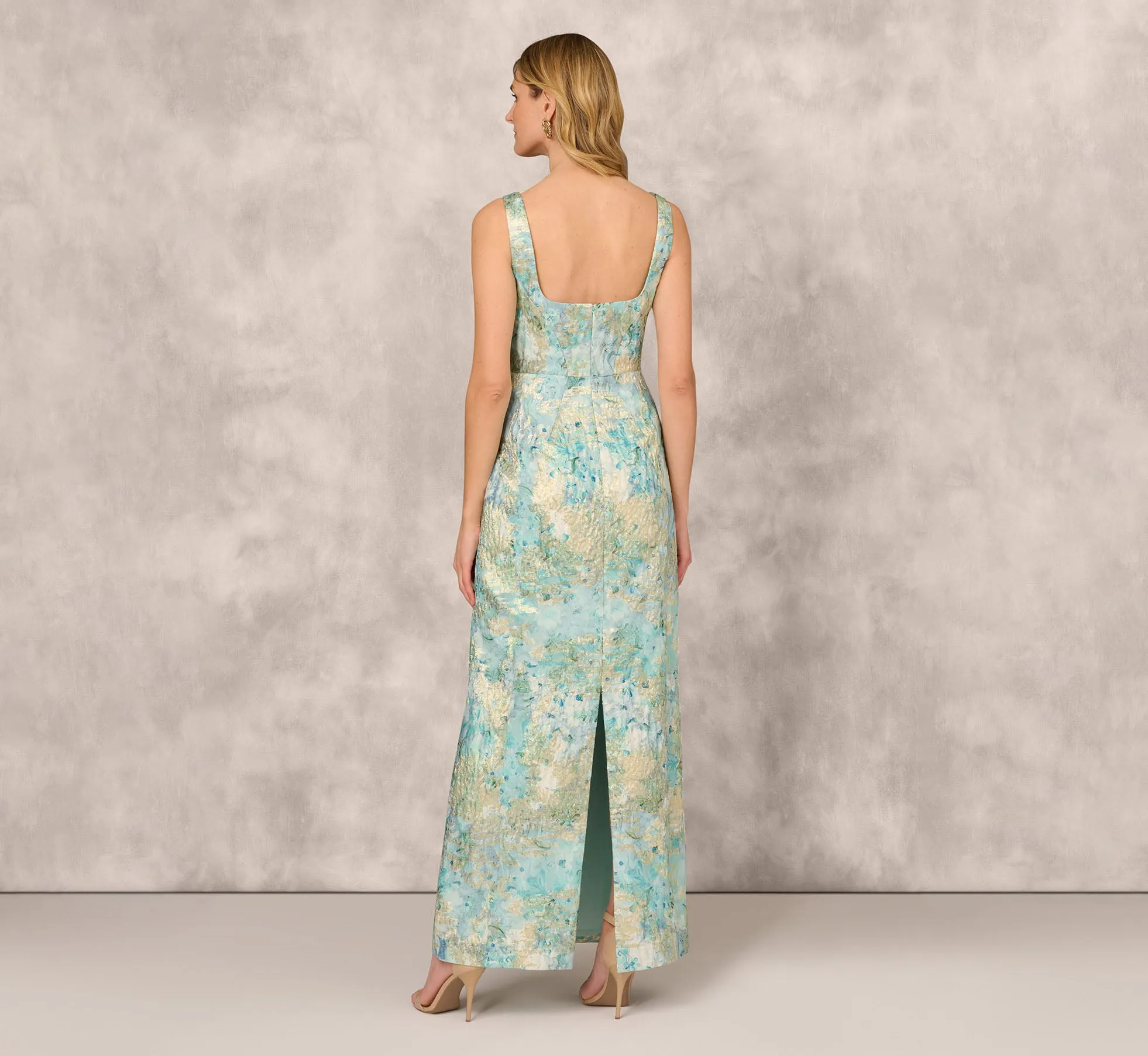 Floral Jacquard Gown With Pleated Waist In Green Multi sold by Adrianna Papell product image thumbnail 5