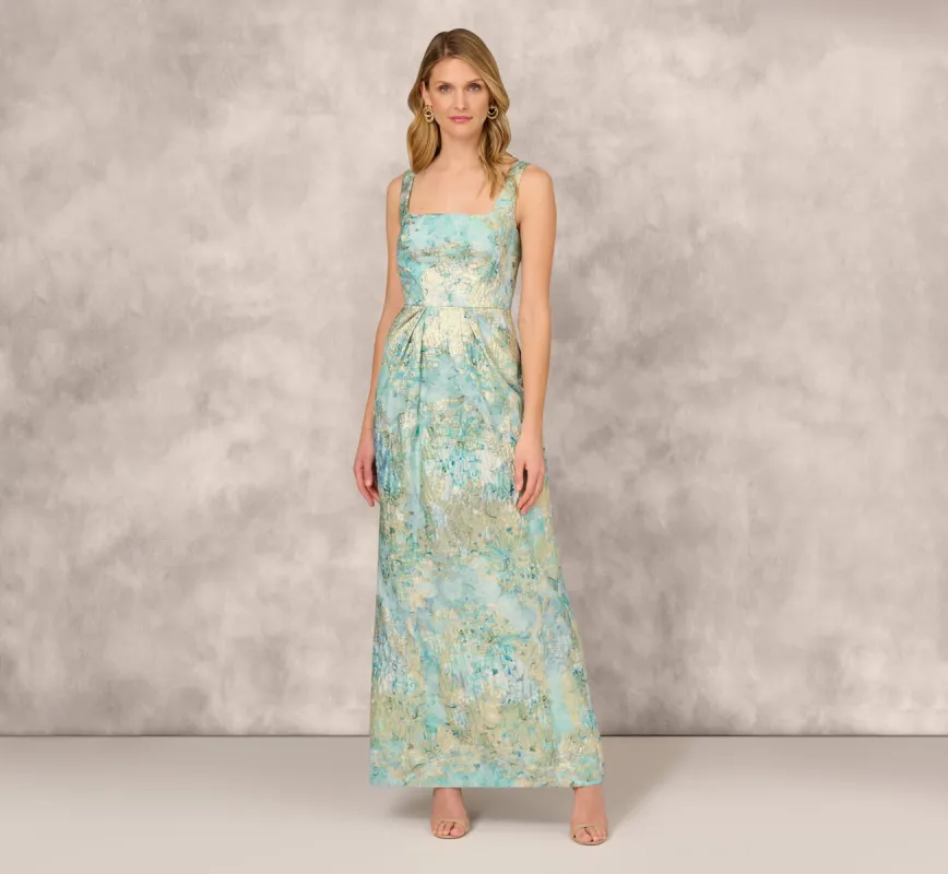 Floral Jacquard Gown With Pleated Waist In Green Multi sold by Adrianna Papell