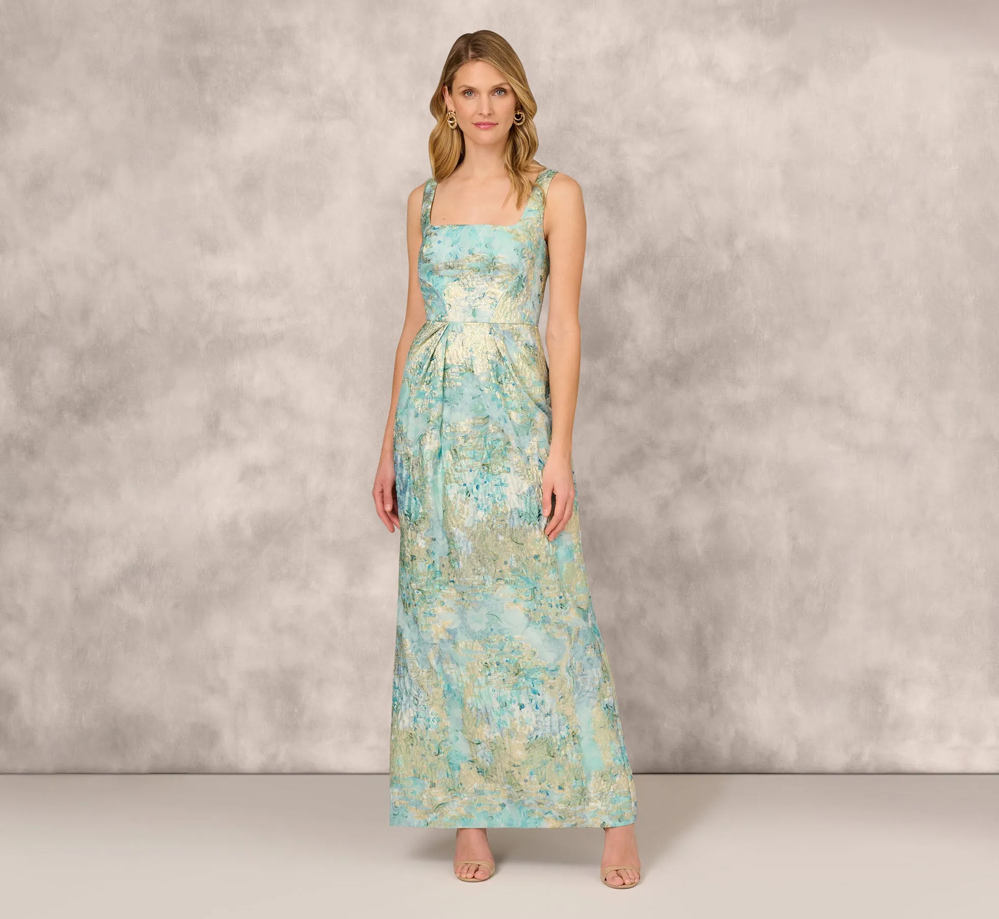 Floral Jacquard Gown With Pleated Waist In Green Multi sold by Adrianna Papell
