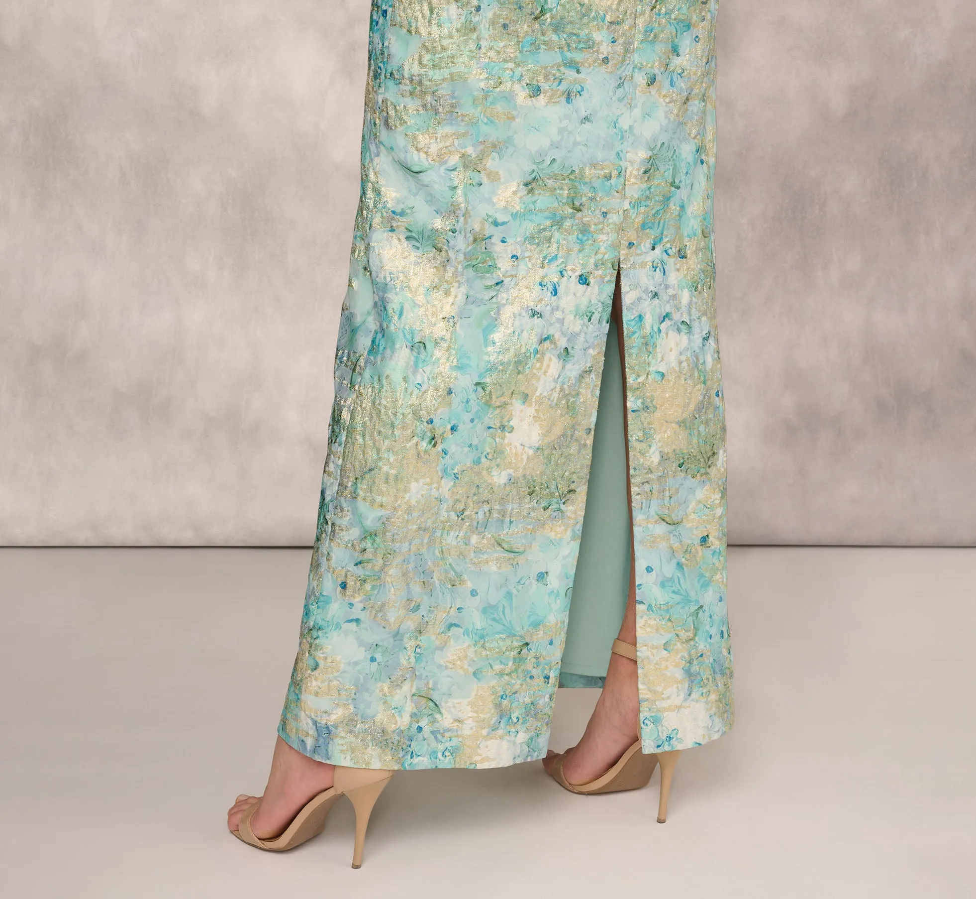 Floral Jacquard Gown With Pleated Waist In Green Multi sold by Adrianna Papell product image thumbnail 4