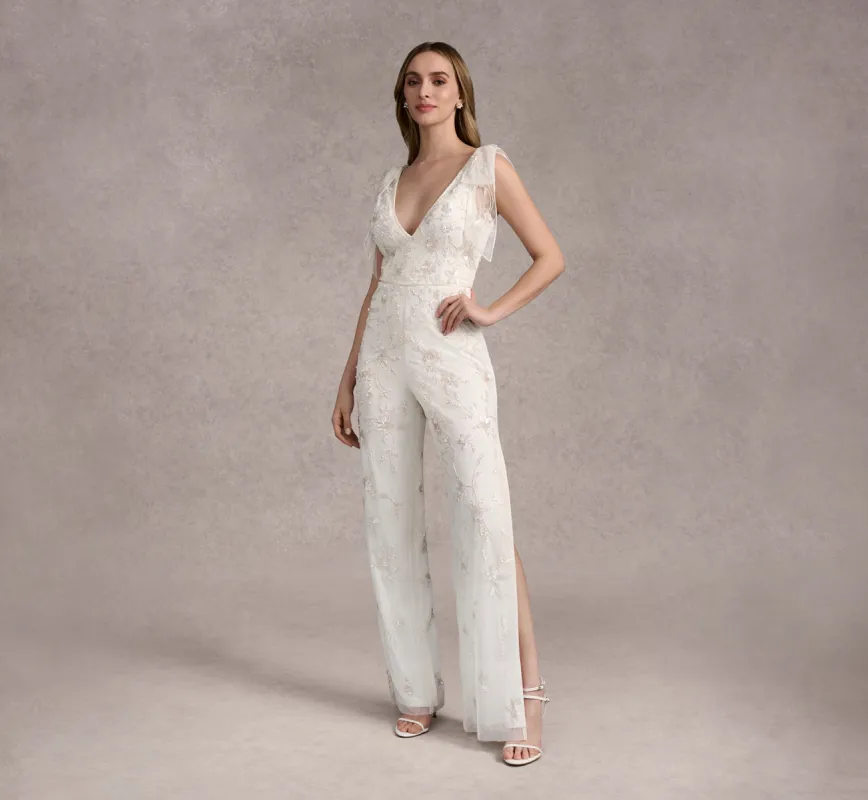Hand Beaded Mesh On Swiss Dot Jumpsuit In Ivory/Ivory In Ivory Ivory sold by Adrianna Papell
